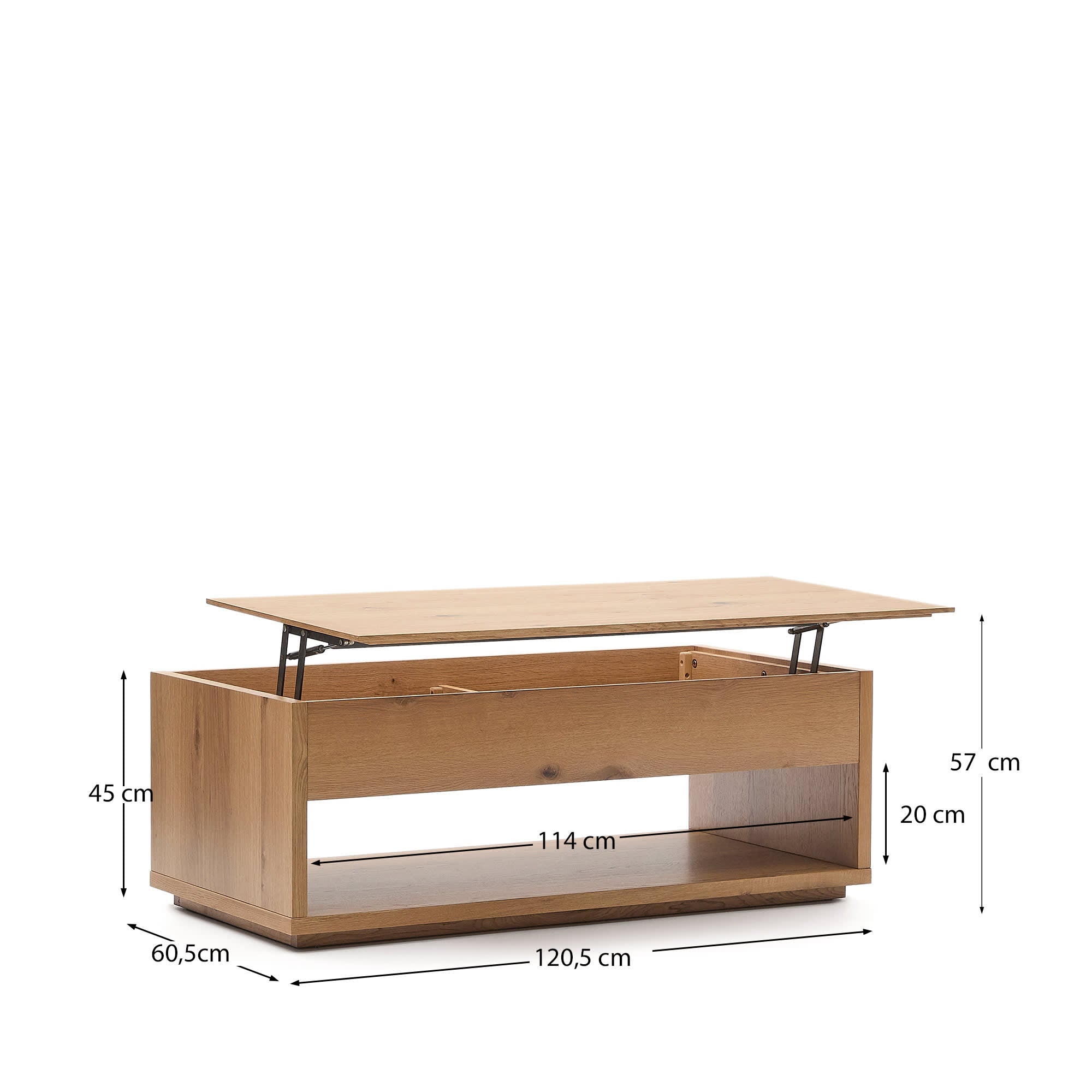 Moderner Couchtisch aus Eichenfurnier, naturfarben, 120x60 cm, von Kave Home. Hochklappbar, perfekt für vielseitige Wohnräume.