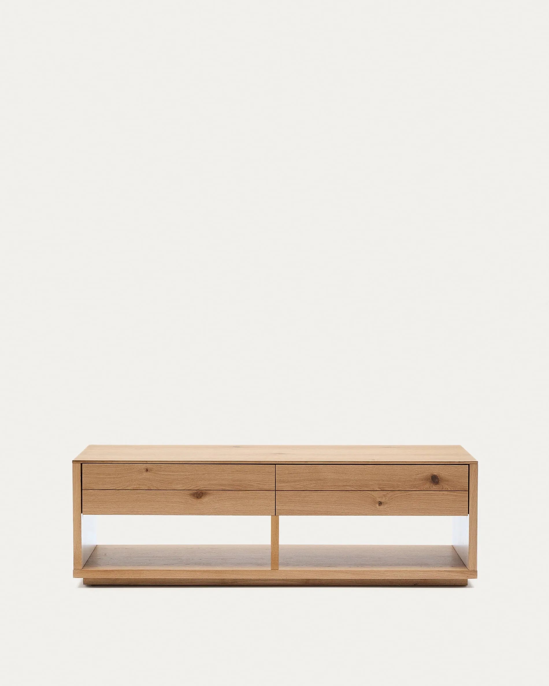 3D-Modell eines eleganten Couchtischs aus Eichenfurnier, 140x60 cm, mit 2 Schubladen, natürlichem Finish, stilvoll und funktional.