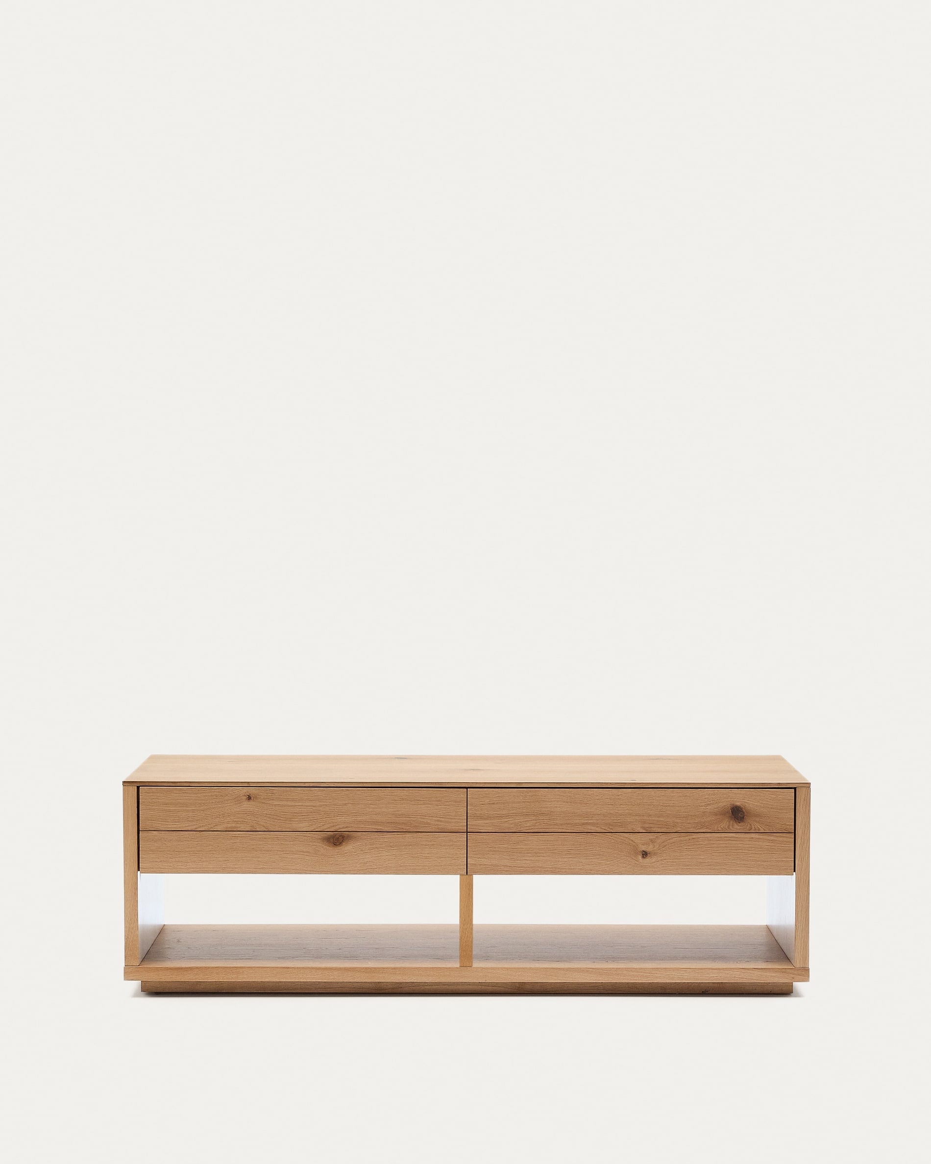3D-Modell eines eleganten Couchtischs aus Eichenfurnier, 140x60 cm, mit 2 Schubladen, natürlichem Finish, stilvoll und funktional.