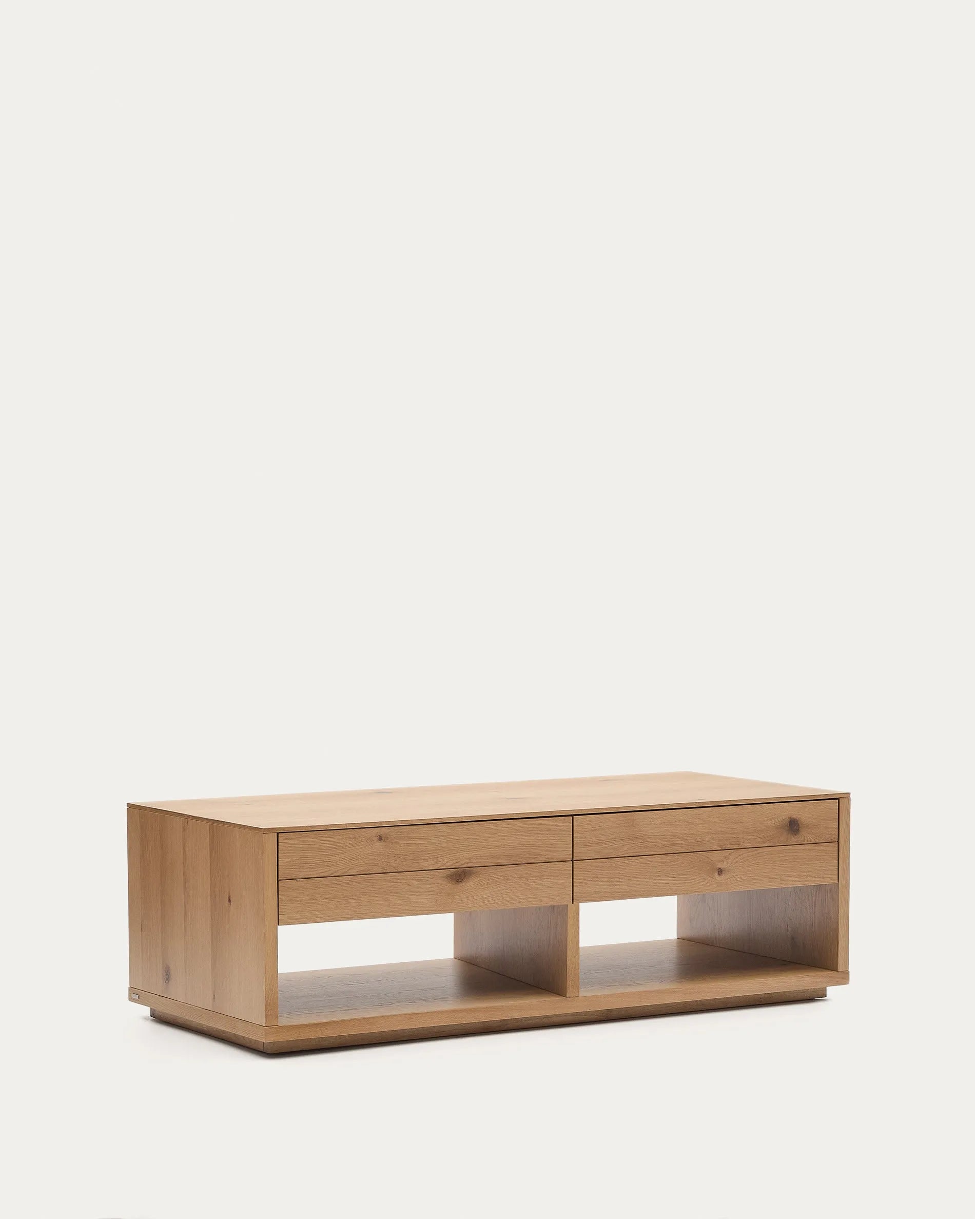 Eleganter Couchtisch aus Eichenfurnier mit zwei Schubladen, naturfarbenes Finish, 140x60 cm, stilvoll und funktional.