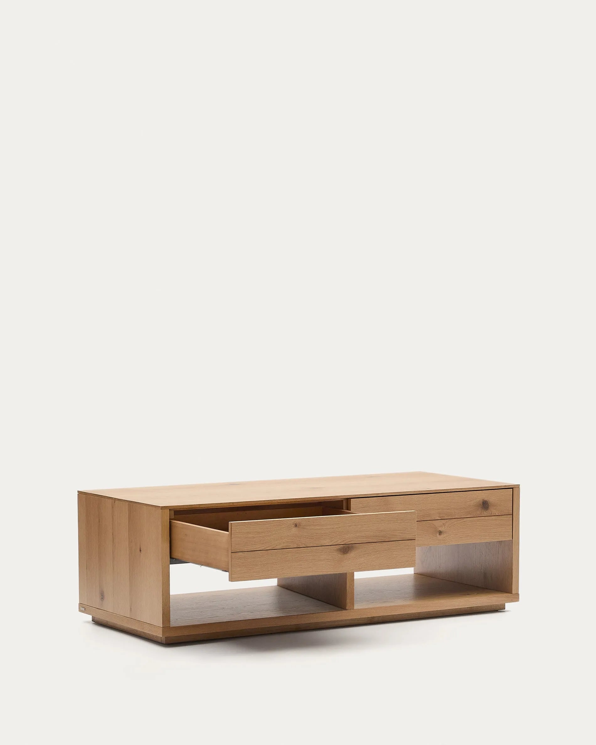 Eleganter Couchtisch aus Eichenfurnier mit zwei Schubladen, naturfarbenes Finish, 140x60 cm, stilvoll und funktional.