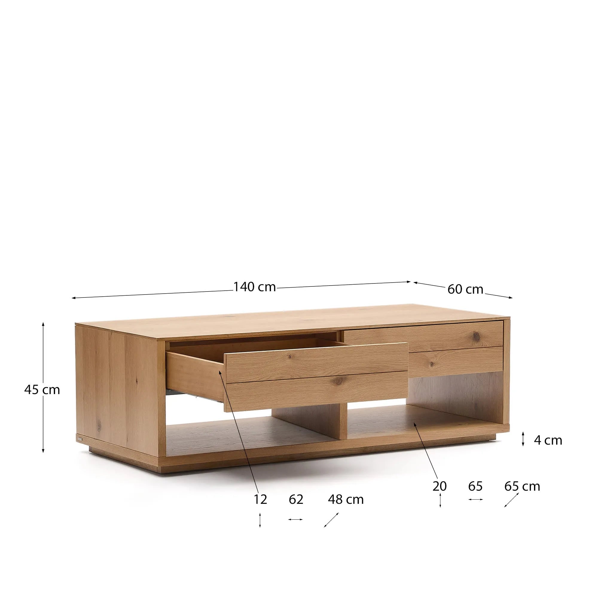 Eleganter Couchtisch aus Eichenfurnier mit zwei Schubladen, naturfarbenes Finish, 140x60 cm, stilvoll und funktional.