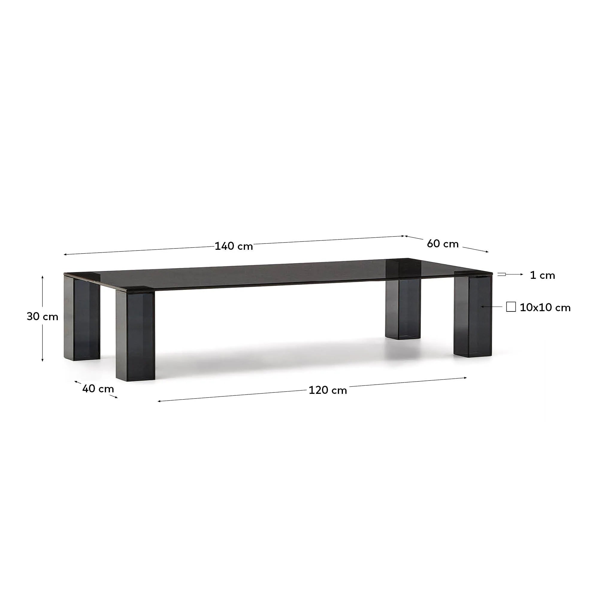 Eleganter Couchtisch aus dunkelgrauem Glas, 140x60 cm, vereint modernes Design mit Funktionalität und zeitloser Ästhetik.