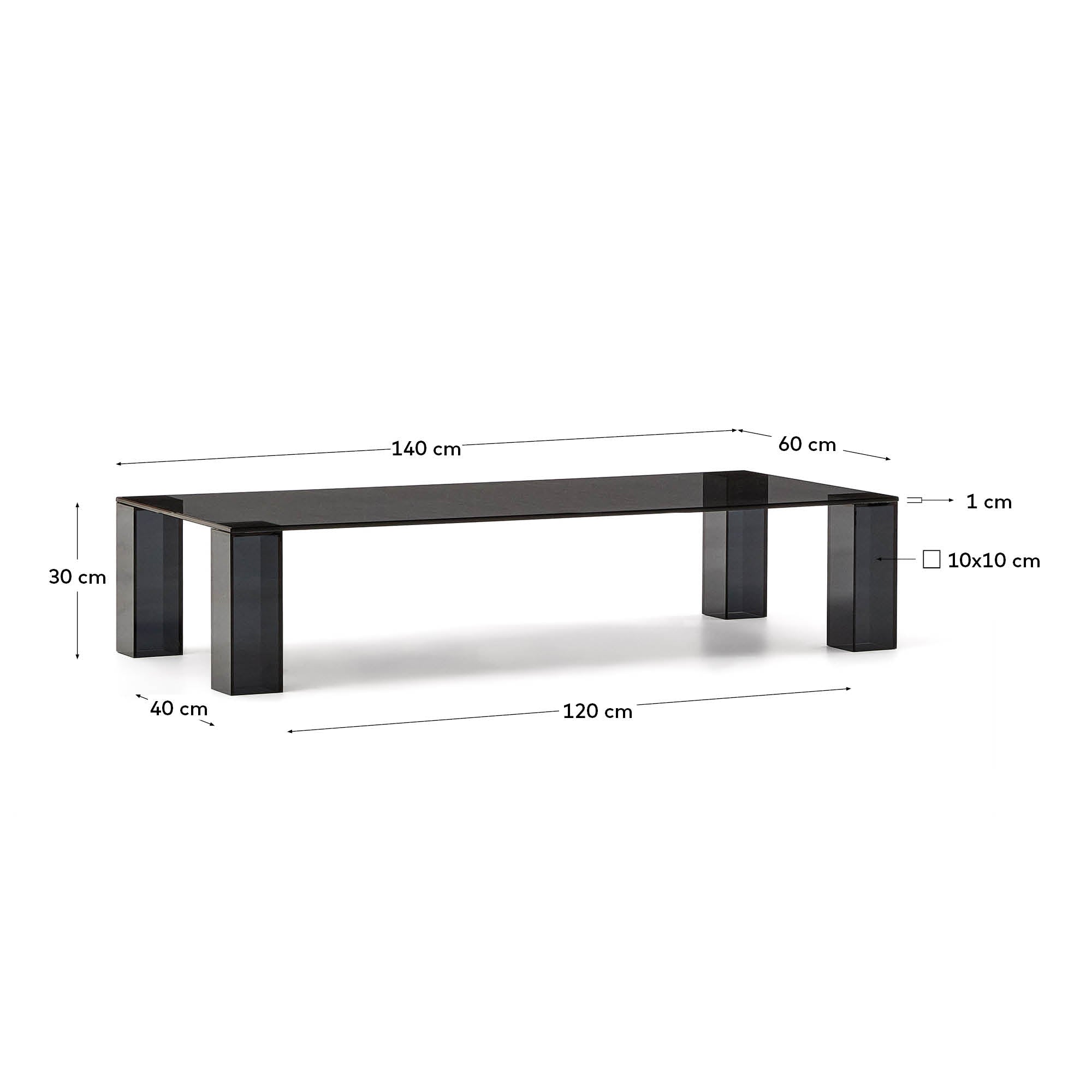 Moderner Couchtisch aus dunkelgrauem gehärtetem Glas, 140 x 60 cm, stilvoll und robust, perfekt für ein elegantes Ambiente.