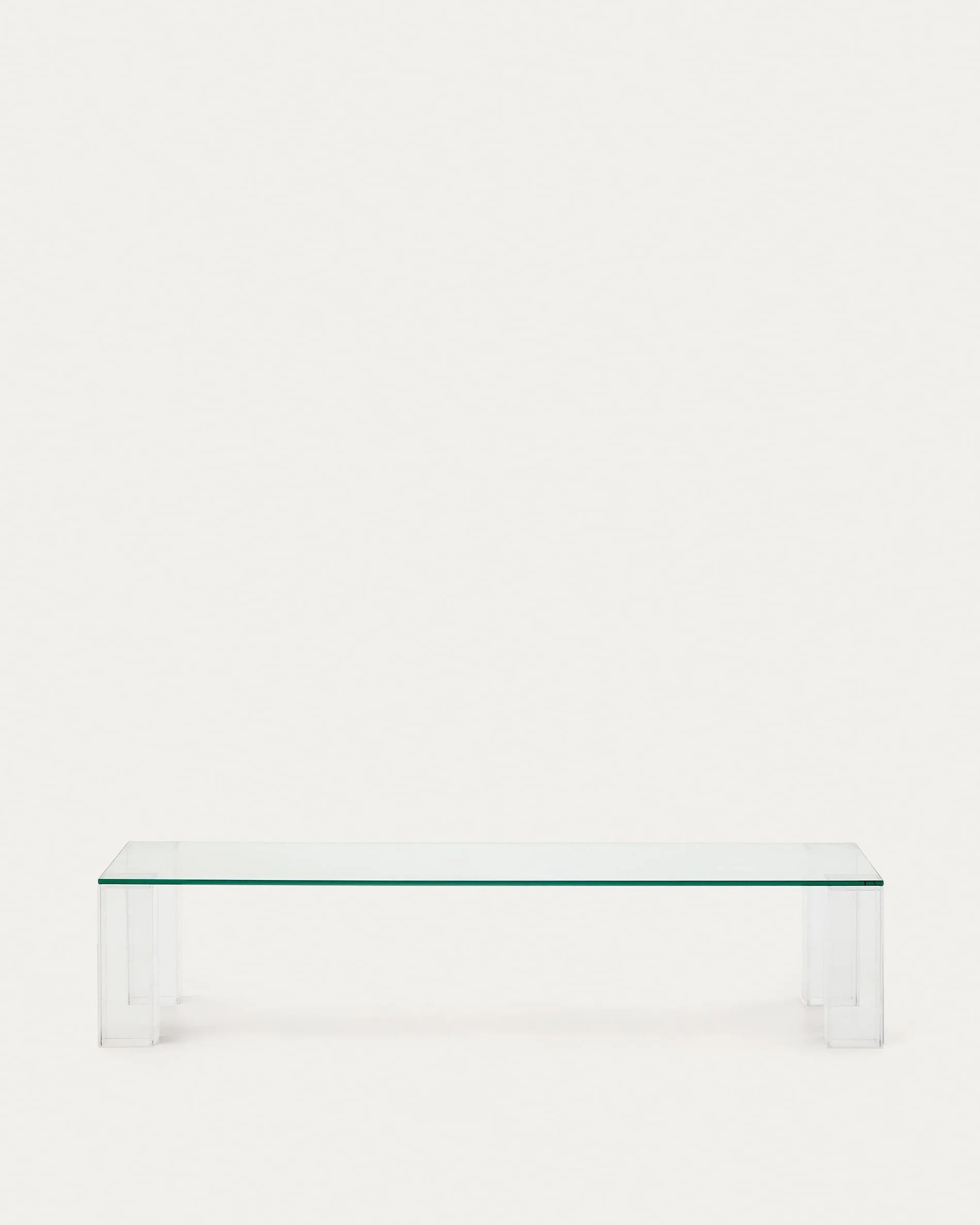 3D-Modell eines modernen, transparenten Glascouchtischs, 140x60 cm, von Kave Home, für AR geeignet.