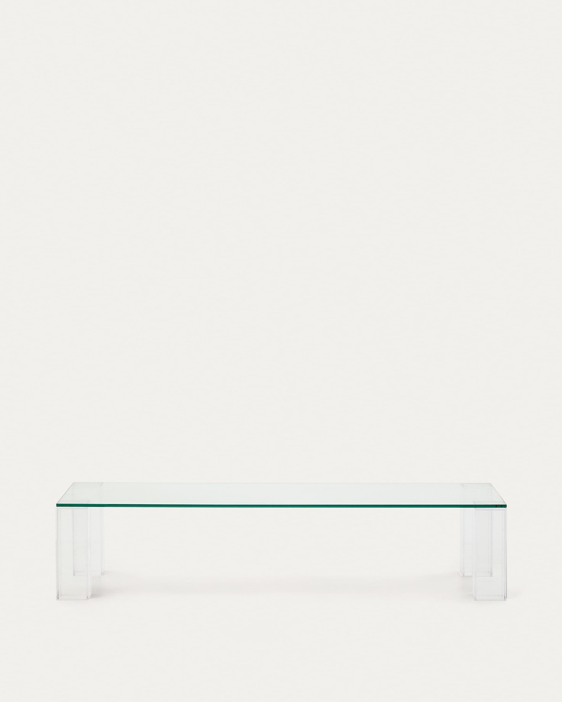 3D-Modell eines modernen, transparenten Glascouchtischs, 140x60 cm, von Kave Home, für AR geeignet.