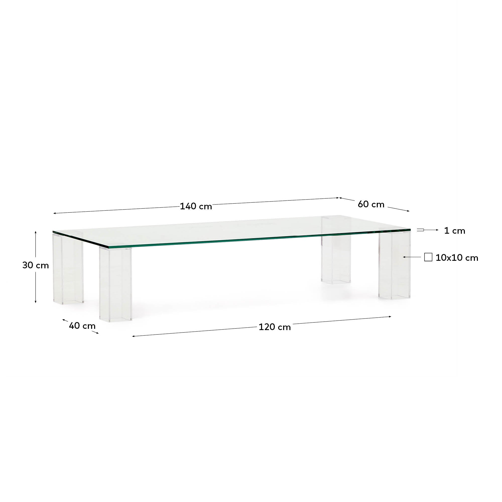 Eleganter Couchtisch aus klarem gehärtetem Glas, 140x60 cm, modernes Design, perfekt für zeitgemäße Wohnräume.