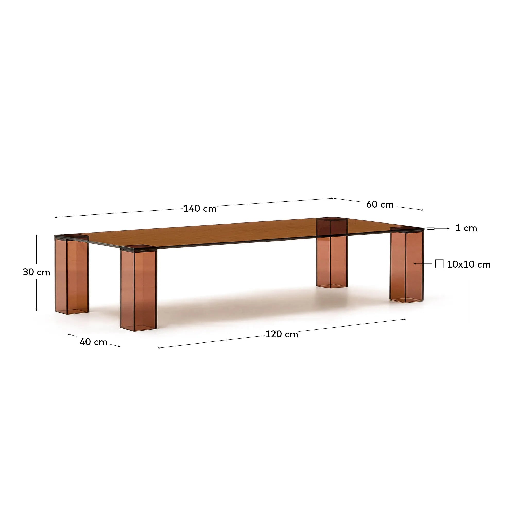 Eleganter Couchtisch aus braunem Glas, 140x60 cm, minimalistisch und robust, ideal für moderne Wohnräume.