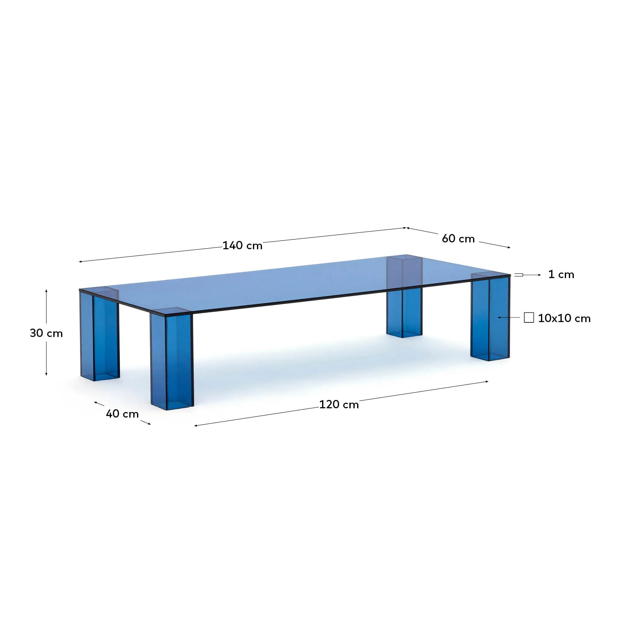 Eleganter Couchtisch aus blauem, gehärtetem Glas, 140x60 cm, vereint modernes Design mit Funktionalität und stilvoller Präsenz.