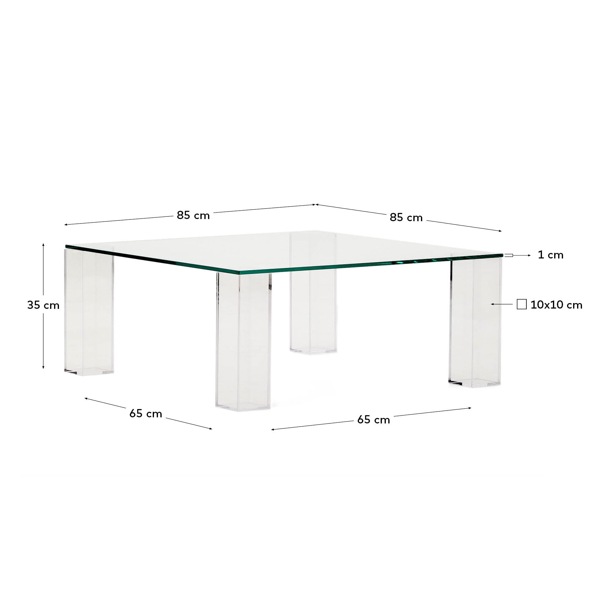 Eleganter Beistelltisch aus klarem gehärtetem Glas, 85x85 cm, von Kave Home. Perfekt für moderne und minimalistische Wohnräume.