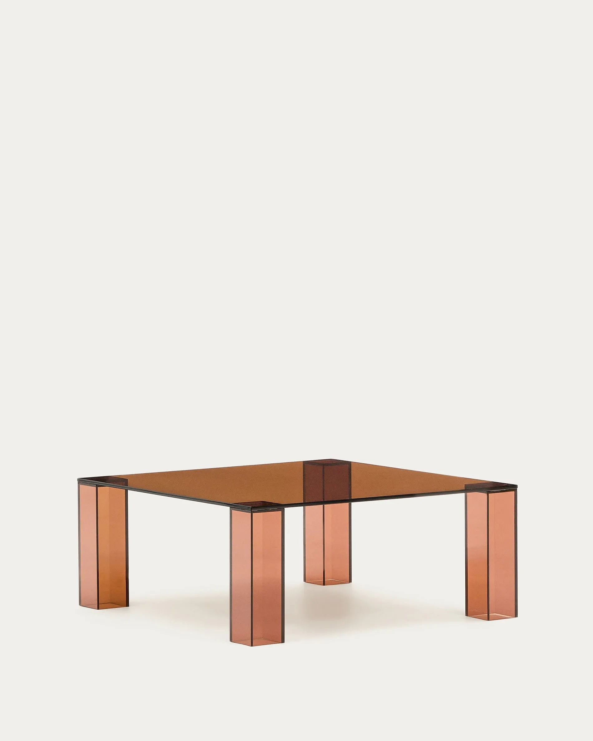 Eleganter Beistelltisch aus braunem Glas, 85x85 cm, vereint modernes Design mit Funktionalität und passt in jeden Raum.