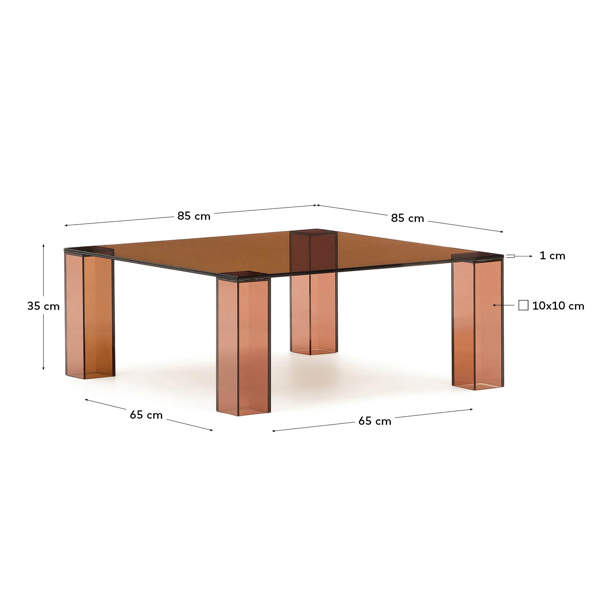 Eleganter Beistelltisch aus braunem Glas, 85x85 cm, vereint modernes Design mit Funktionalität und passt in jeden Raum.