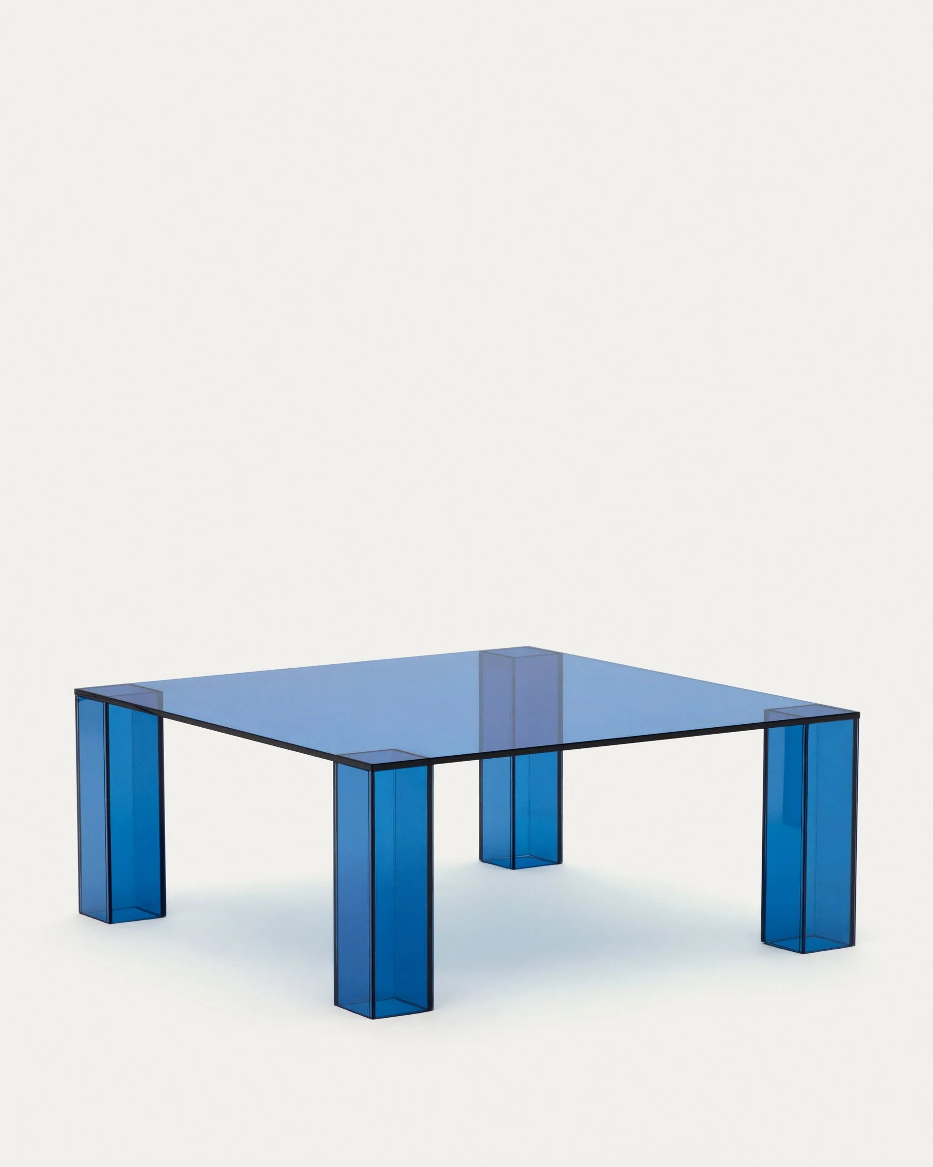 Eleganter blauer Glastisch, 85x85 cm, vereint modernes Design mit Funktionalität und passt perfekt in jeden Raum.