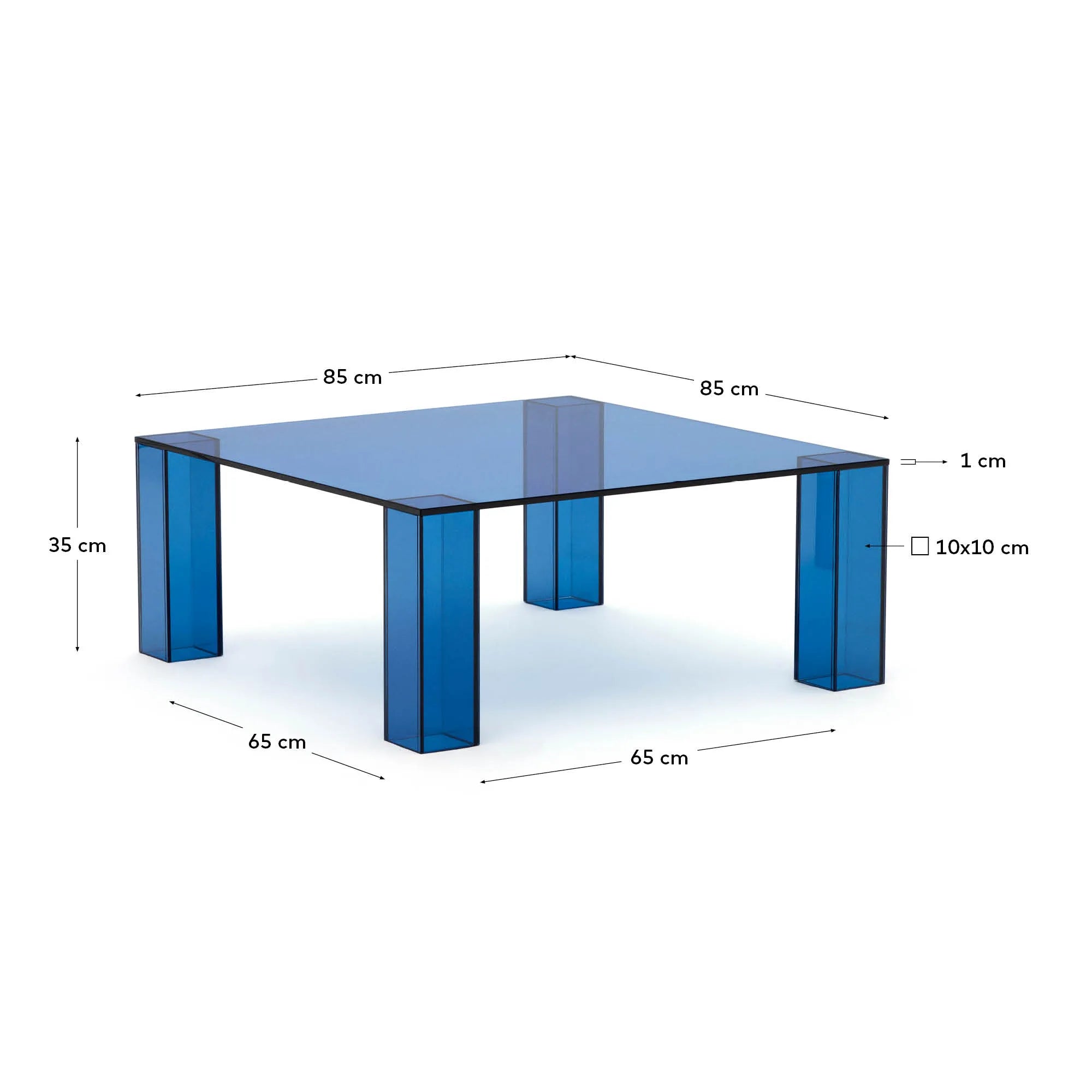 Eleganter blauer Glastisch, 85x85 cm, vereint modernes Design mit Funktionalität und passt perfekt in jeden Raum.