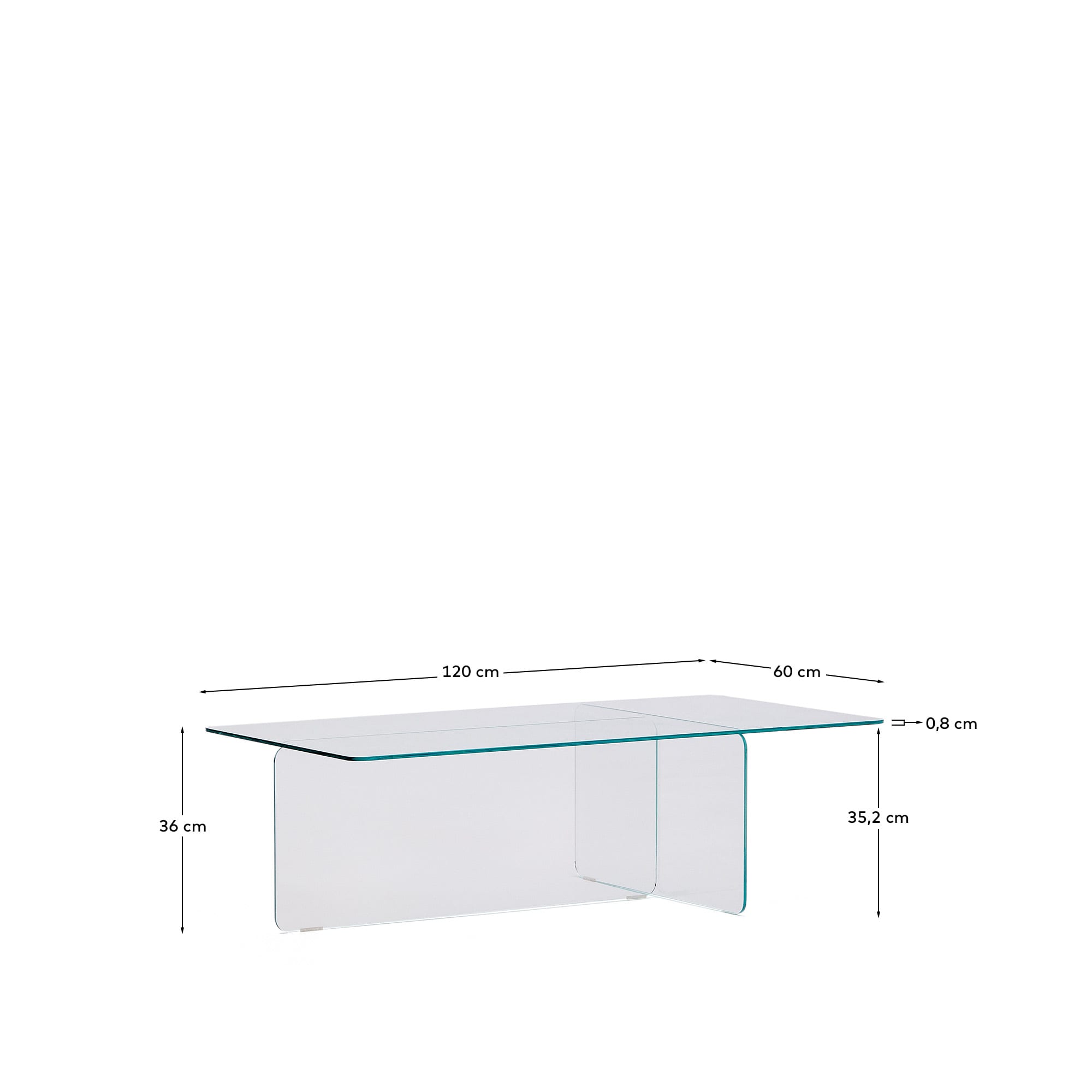 Moderner Couchtisch aus gehärtetem Glas, 120x60 cm, transparent, von Kave Home. Stilvoll und funktional für jedes Wohnzimmer.