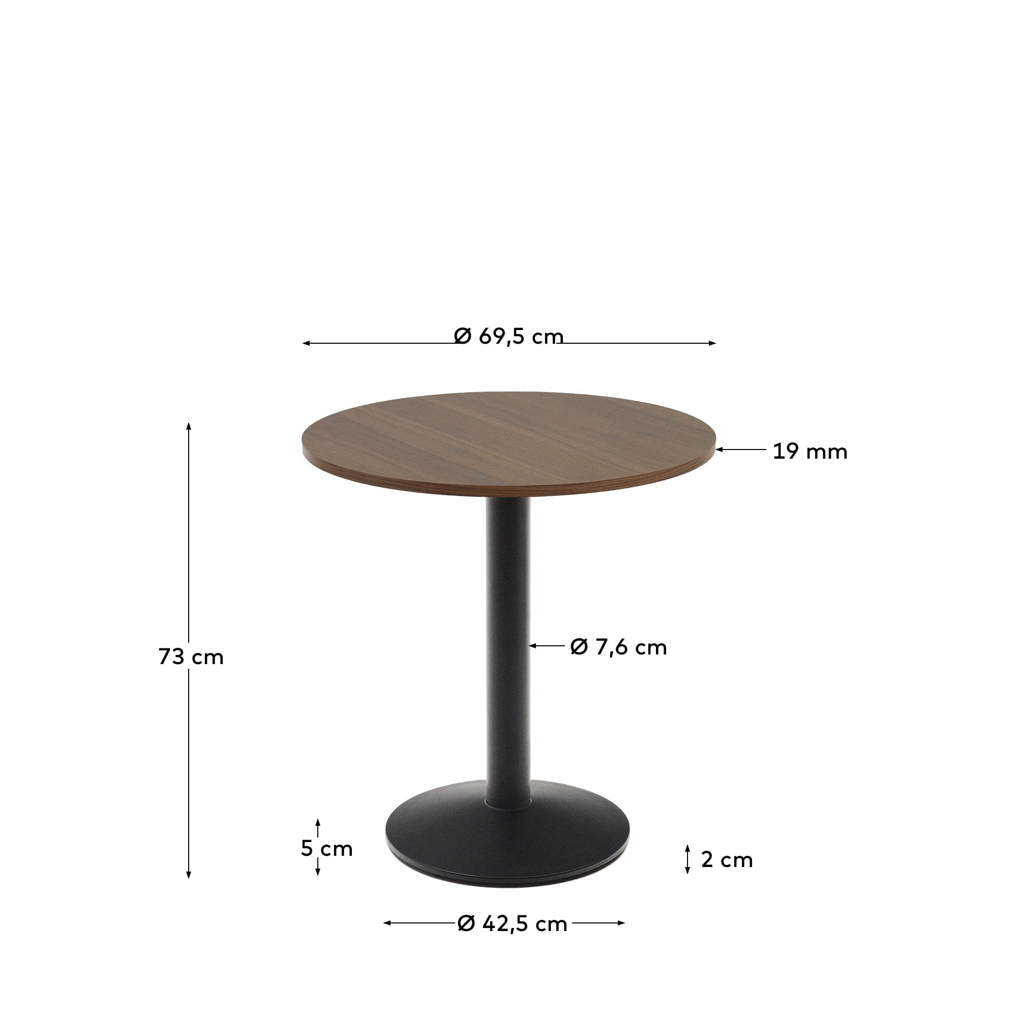 Runder Tisch Esilda, Ø70 cm, nussbaumfarbenes Melamin, schwarzes Metallbein, stilvoll und kompakt, ideal für moderne Räume.
