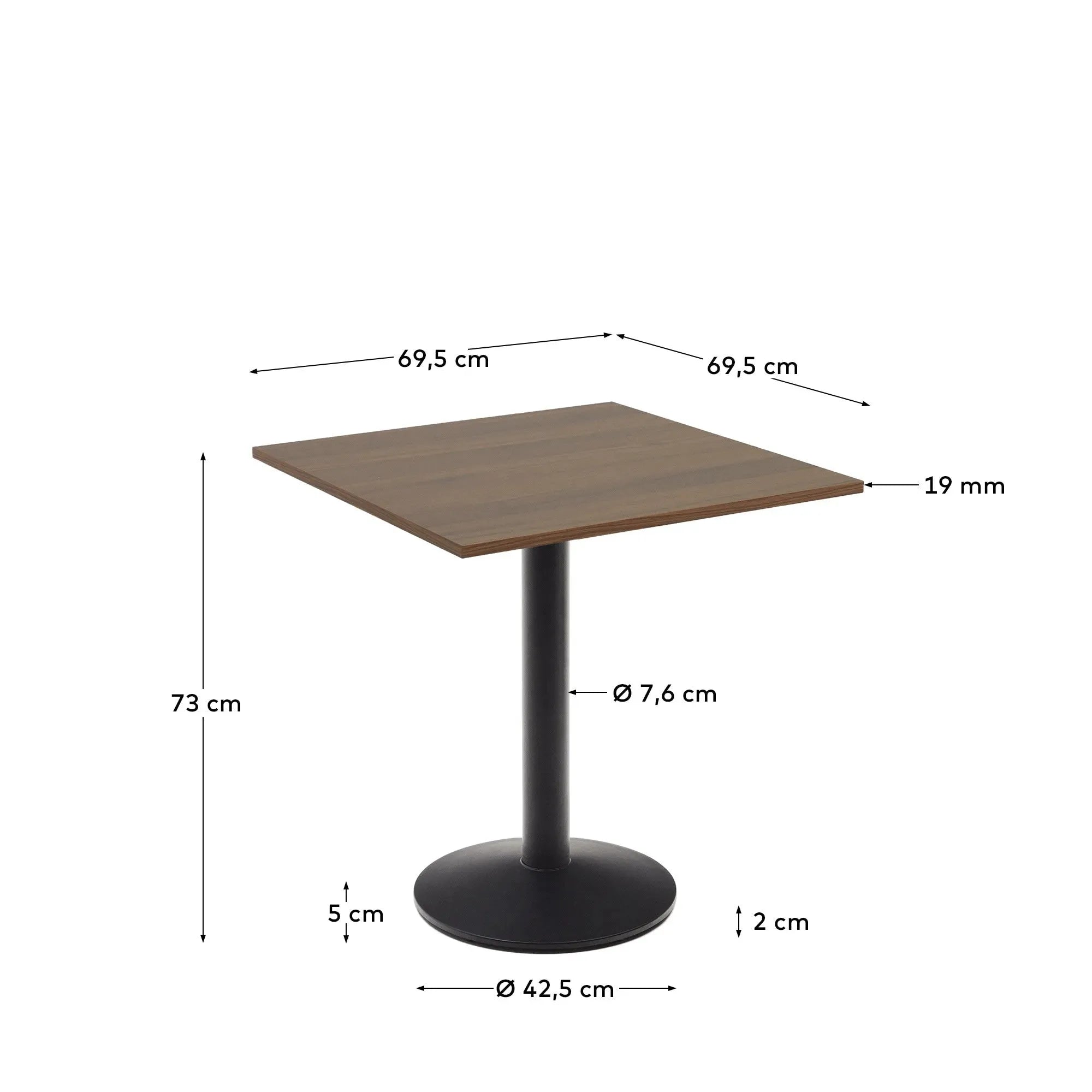 Esilda Tisch: Nussbaumfarbene Melaminplatte, schwarzes Metallgestell, 70x70x70 cm, modern und elegant für jeden Raum.