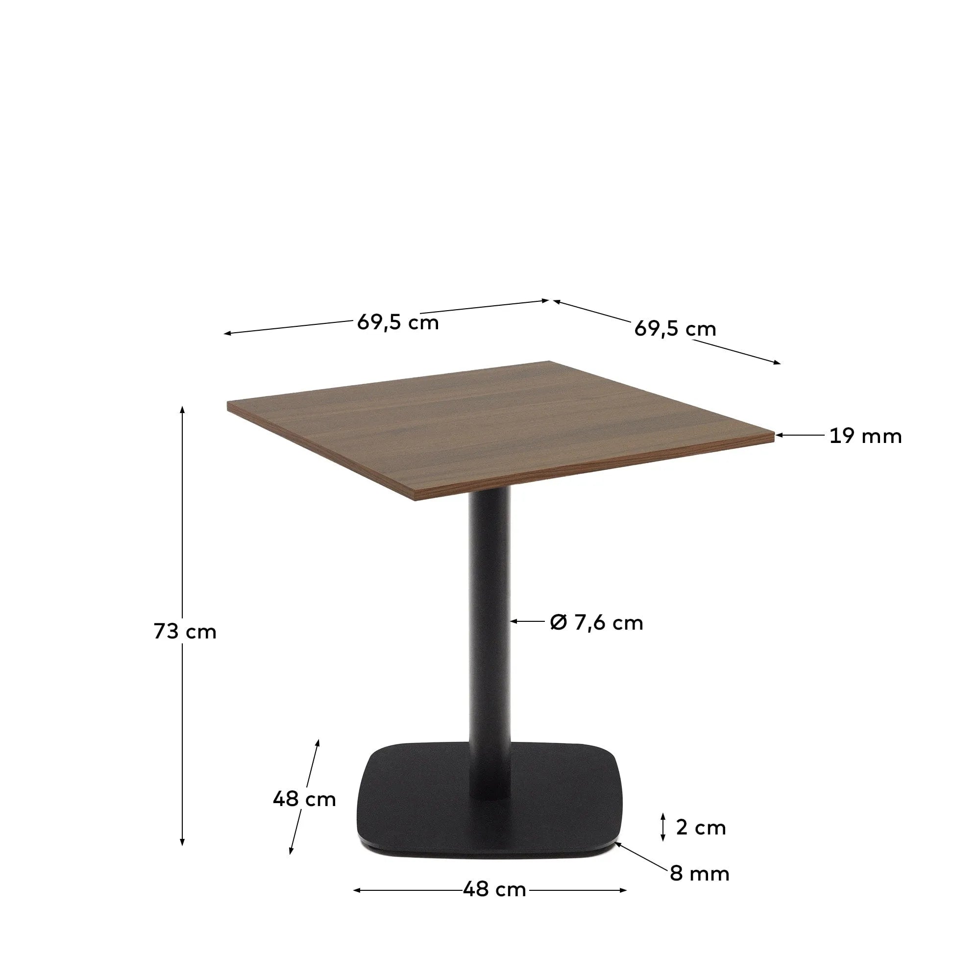 Kompakter Tisch in Nussbaumoptik mit schwarzem Metallbein, ideal für moderne Essbereiche und Cafés.