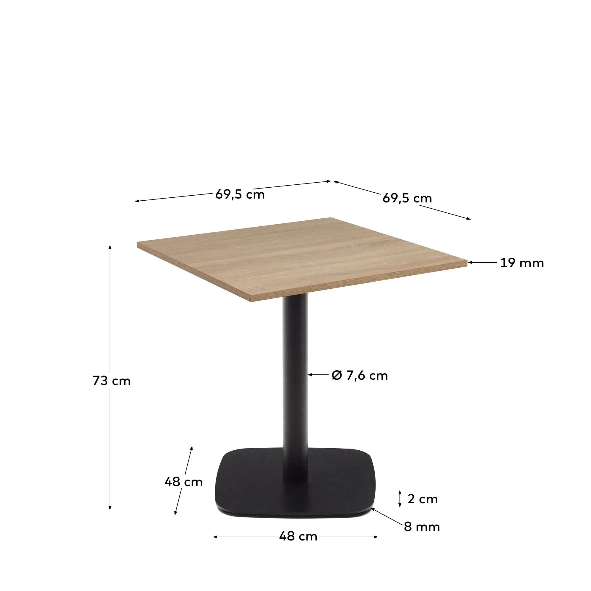 Eleganter Dina Tisch mit naturfarbener Melaminplatte und schwarzen Metallbeinen, 70x70x70 cm, perfekt für moderne Wohnräume.