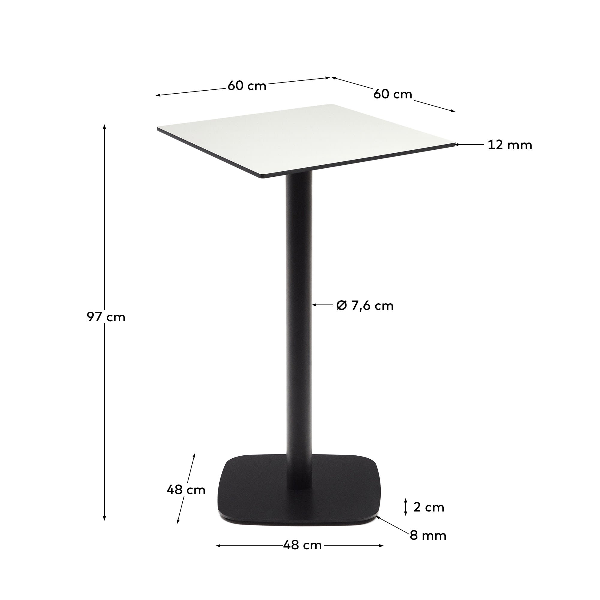 Moderner Dina Outdoor-Tisch, weiß, mit schwarzem Metallbein, 60x60x96 cm, ideal für stilvolle Außenbereiche.