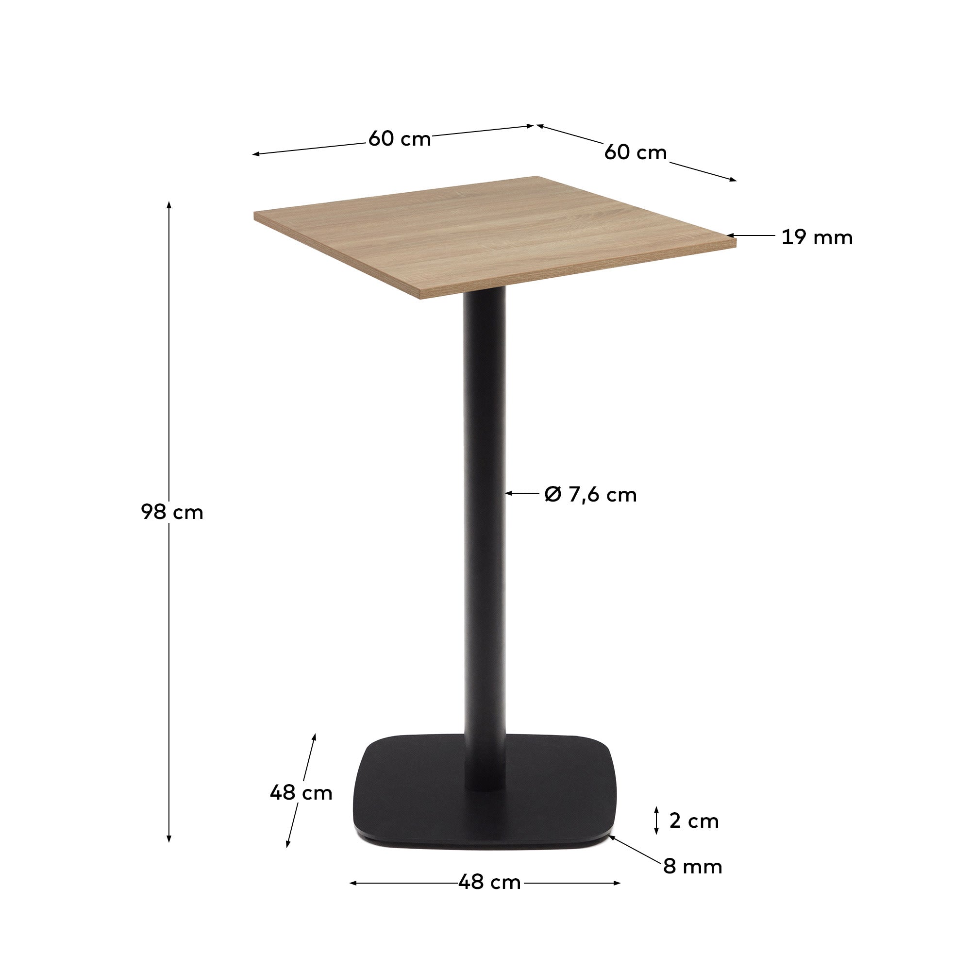 Erleben Sie den stilvollen Dina Stehtisch von Kave Home: Robuste Melamin-Oberfläche, modernes Design mit schwarzem Metallbein, ideal für Cafés und Zuhause.