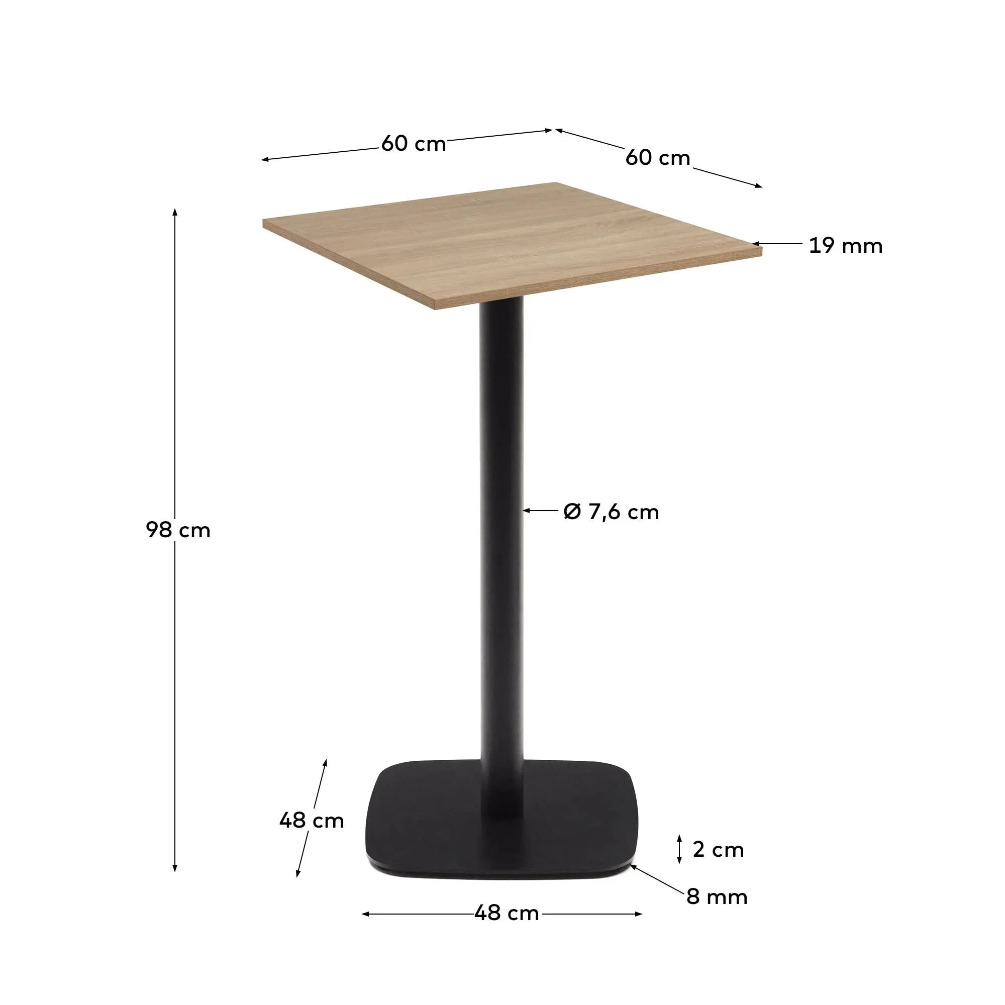 Eleganter Stehtisch mit naturfarbener Melaminplatte und schwarzem Metallgestell, perfekt für moderne Räume, Maße: 60x60x96 cm.