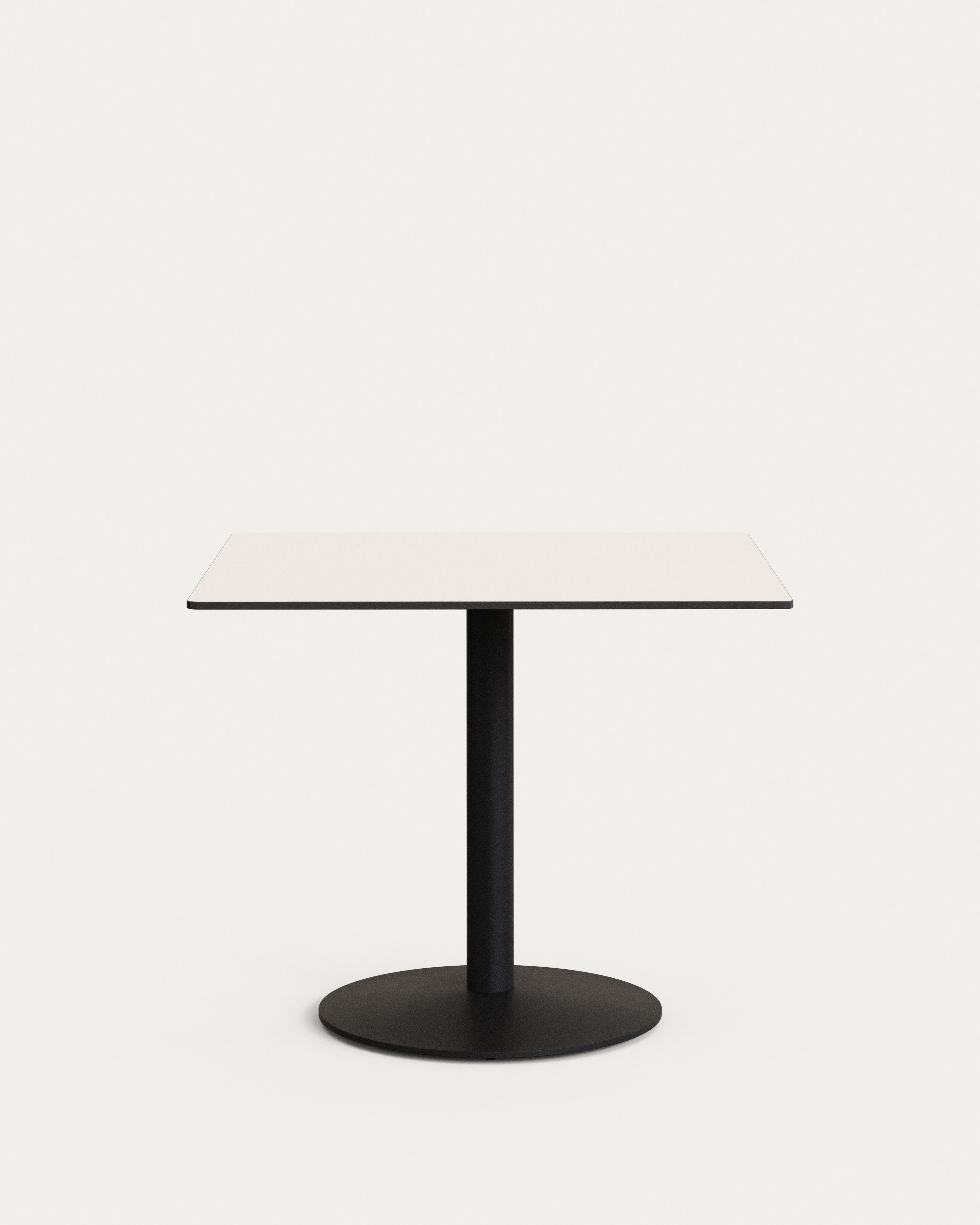 Moderner Esilda Outdoor-Tisch: Weiss, HPL-Platte, schwarz lackierte Metallbeine, 90x90x70 cm. Ideal für Terrasse und Garten.