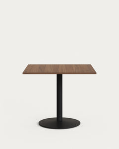 Table Esilda en mélamine finition noyer avec pied en métal peint noir 90x90x70 cm