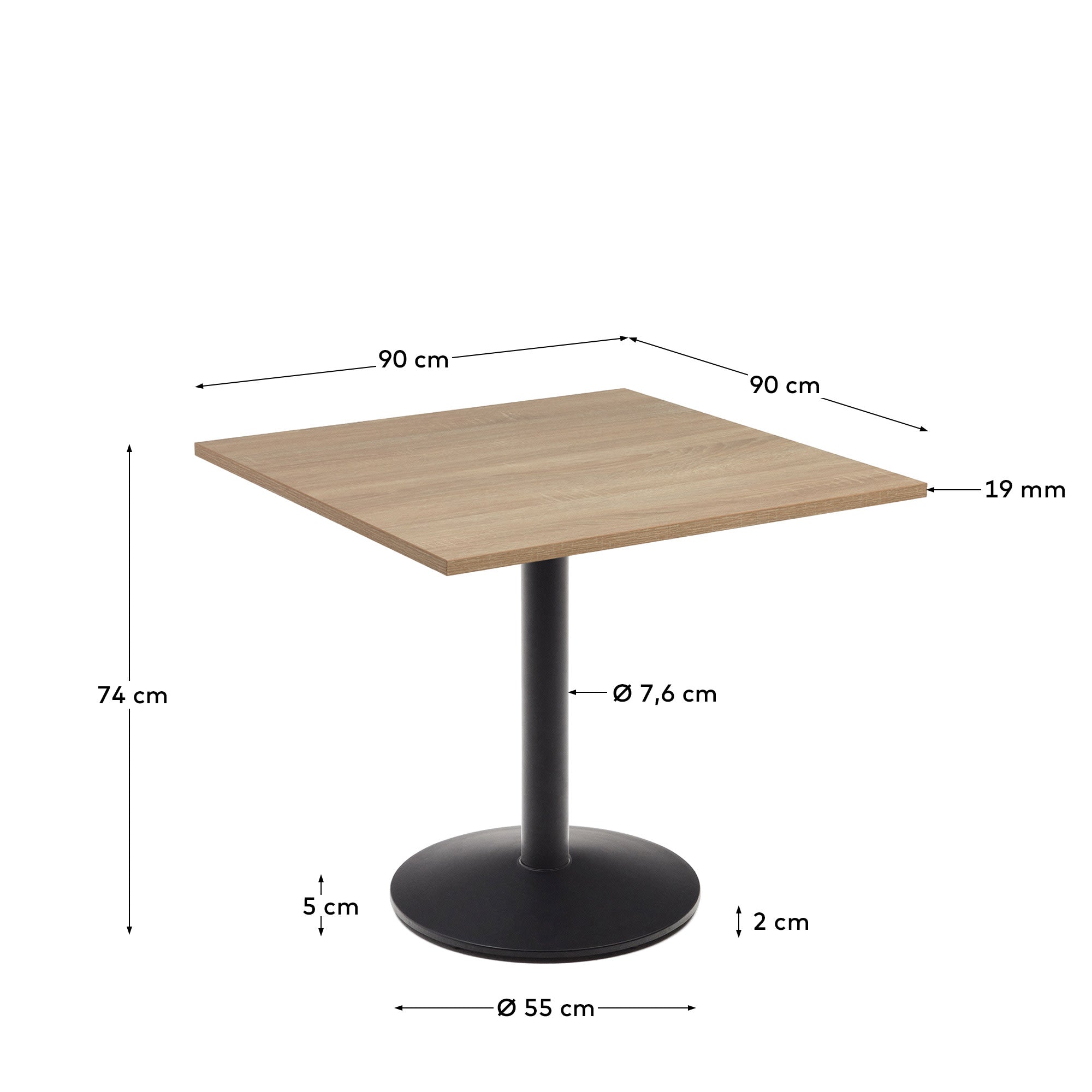 Moderner Tisch aus Melamin in Naturholzoptik, 90x90x70 cm, mit stabilen schwarzen Metallbeinen, perfekt für stilvolle Räume.