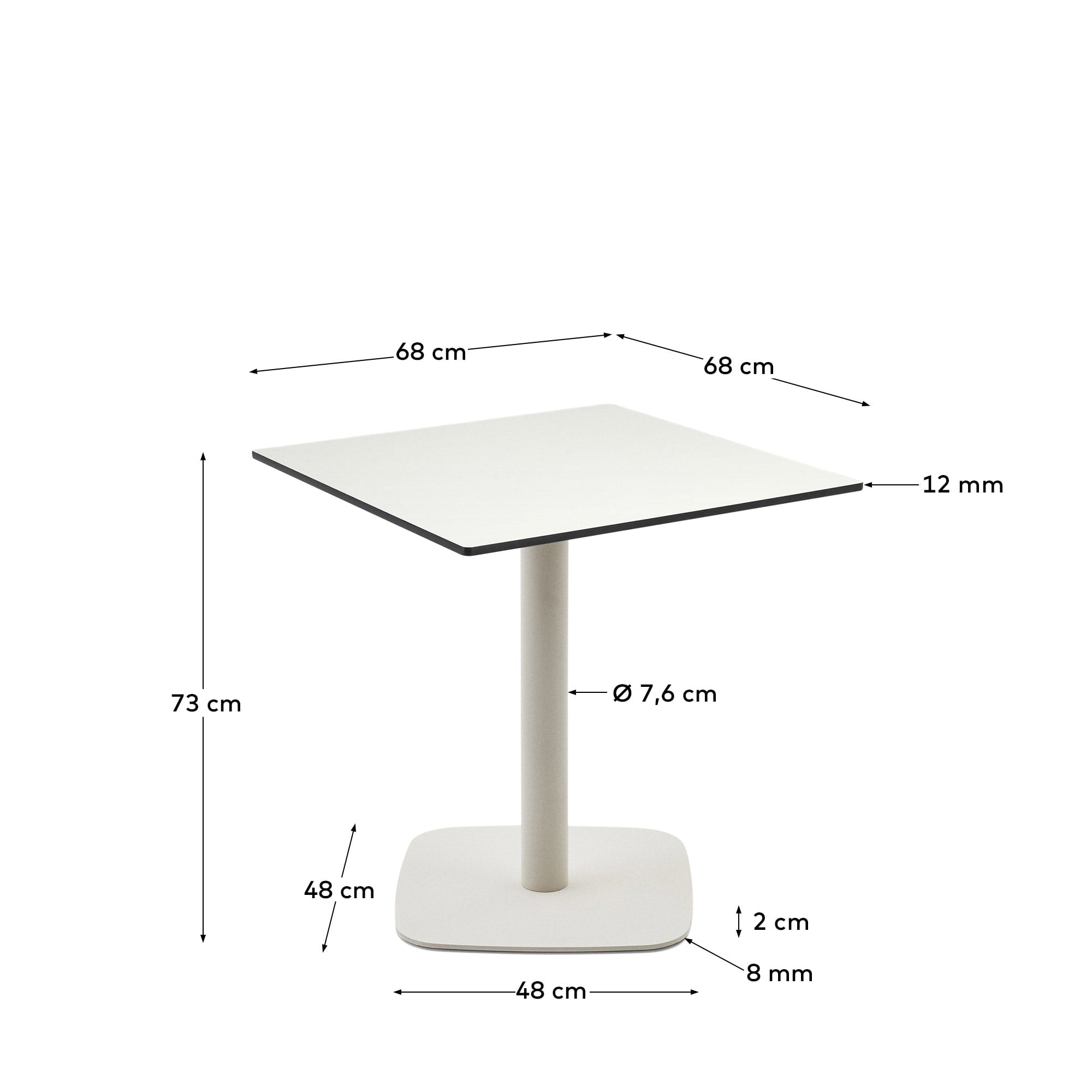 Eleganter Dina Outdoor-Tisch in Weiß, 68x68x70 cm, mit stabilem Metallgestell, ideal für moderne Außenbereiche.