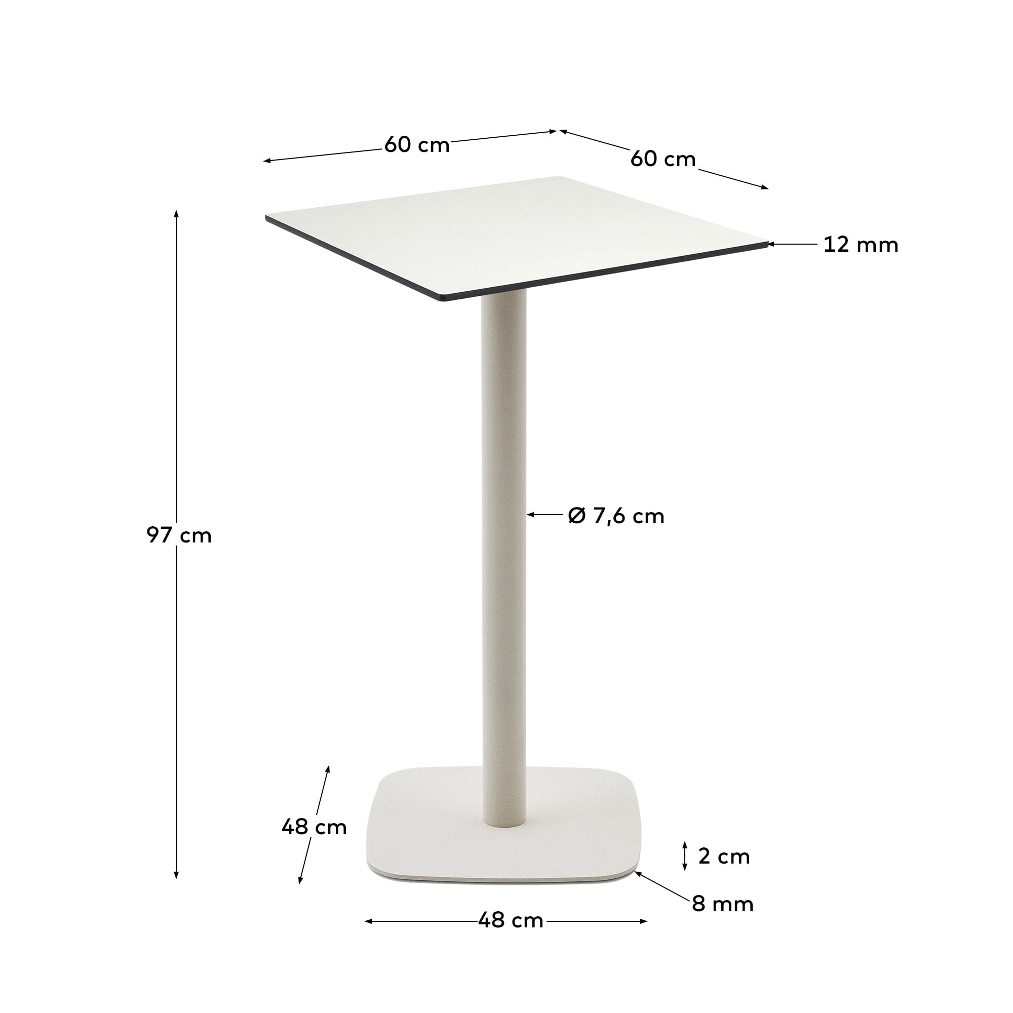 Moderner Dina Outdoor Stehtisch in Weiß, 60x60x96 cm, mit robustem, weiß lackiertem Metallbein, ideal für stilvolle Außenbereiche.