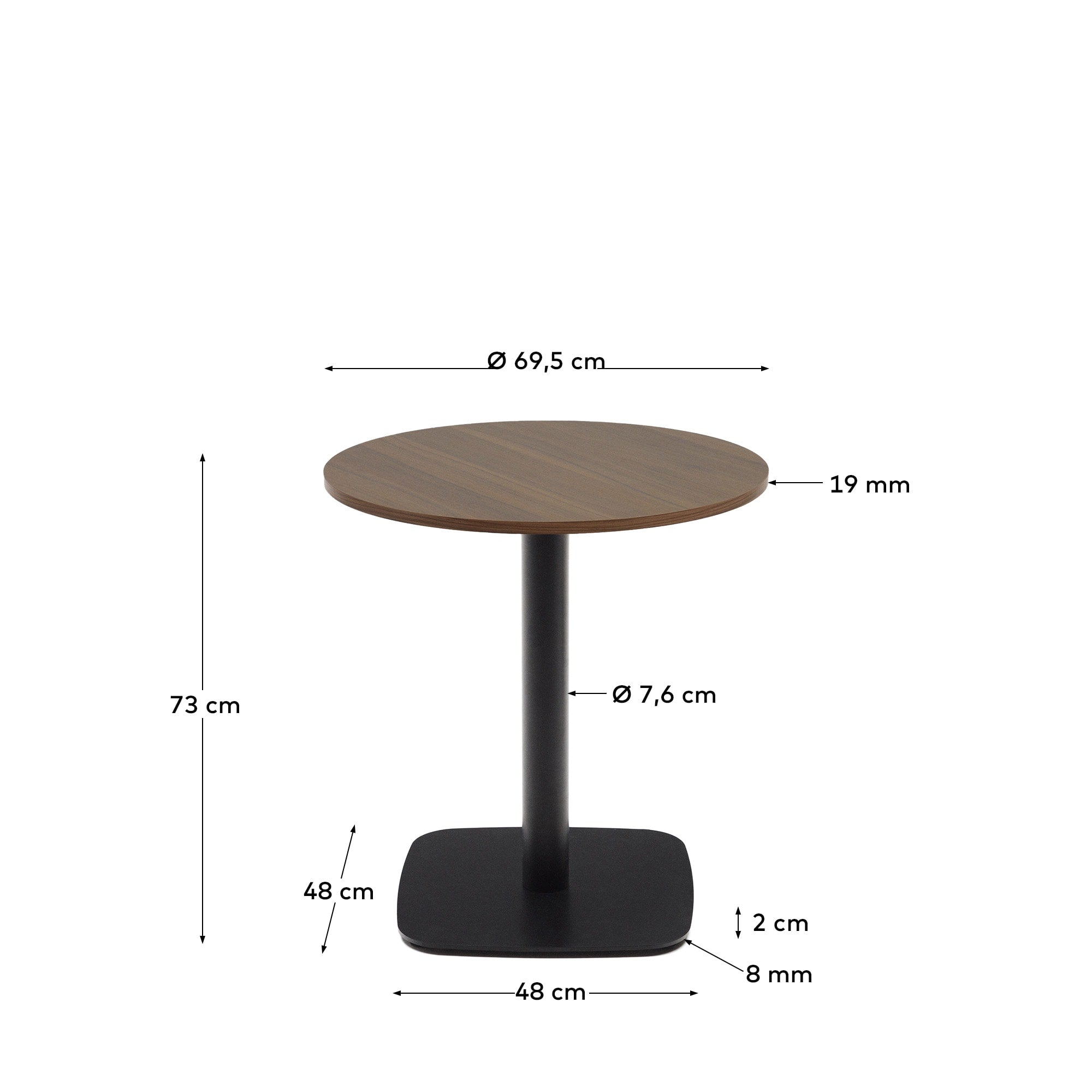 Moderner runder Tisch Dina mit nussbaumfarbener Melaminplatte und schwarzem Metallgestell, Ø 68 cm, Höhe 70 cm, von Kave Home.