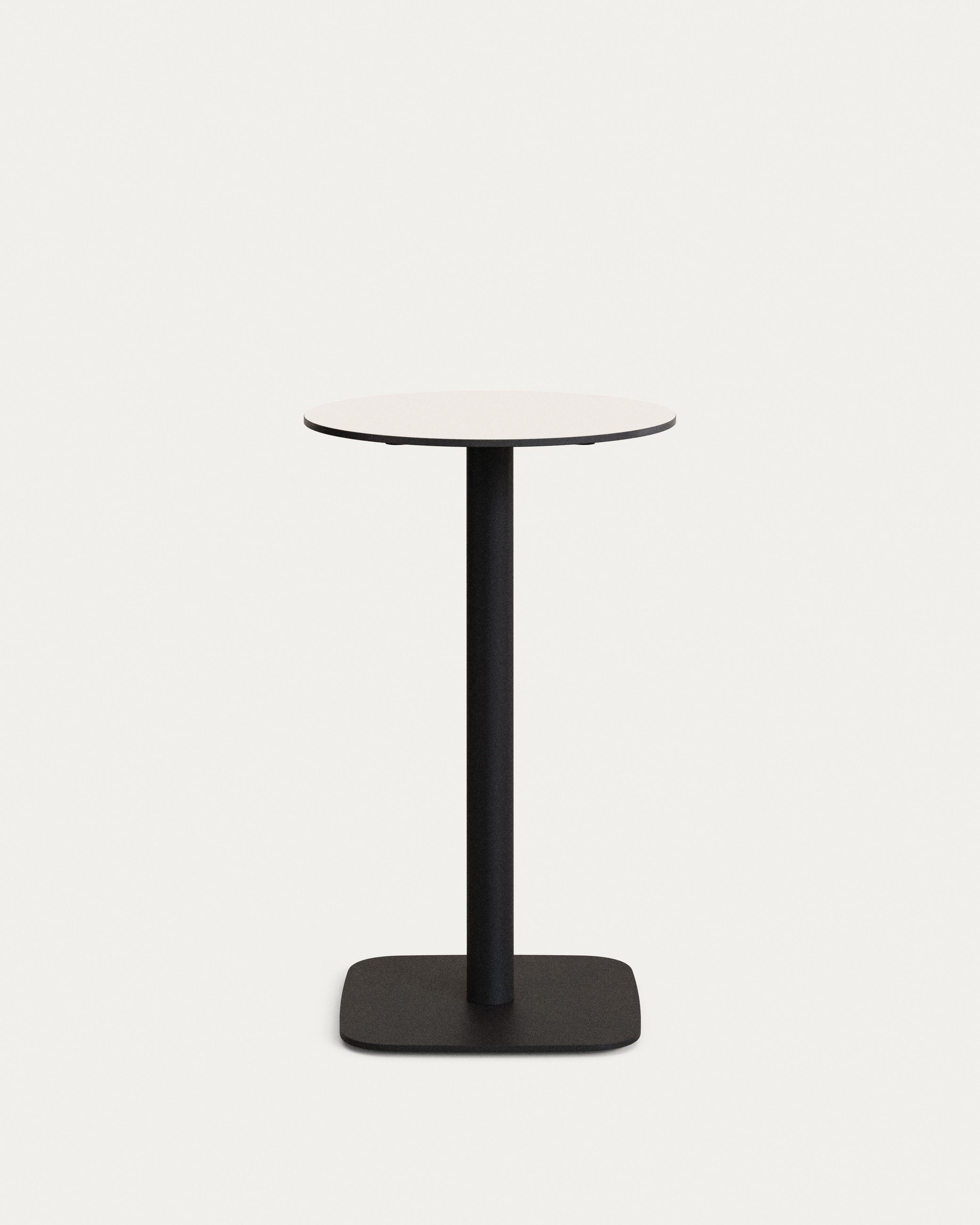 Eleganter Dina Outdoor-Tisch: Weiss, rund, Ø60x96 cm, HPL-Platte, schwarz lackiertes Metallbein, wetterfest, modern, Teil der Tiaret-Kollektion.