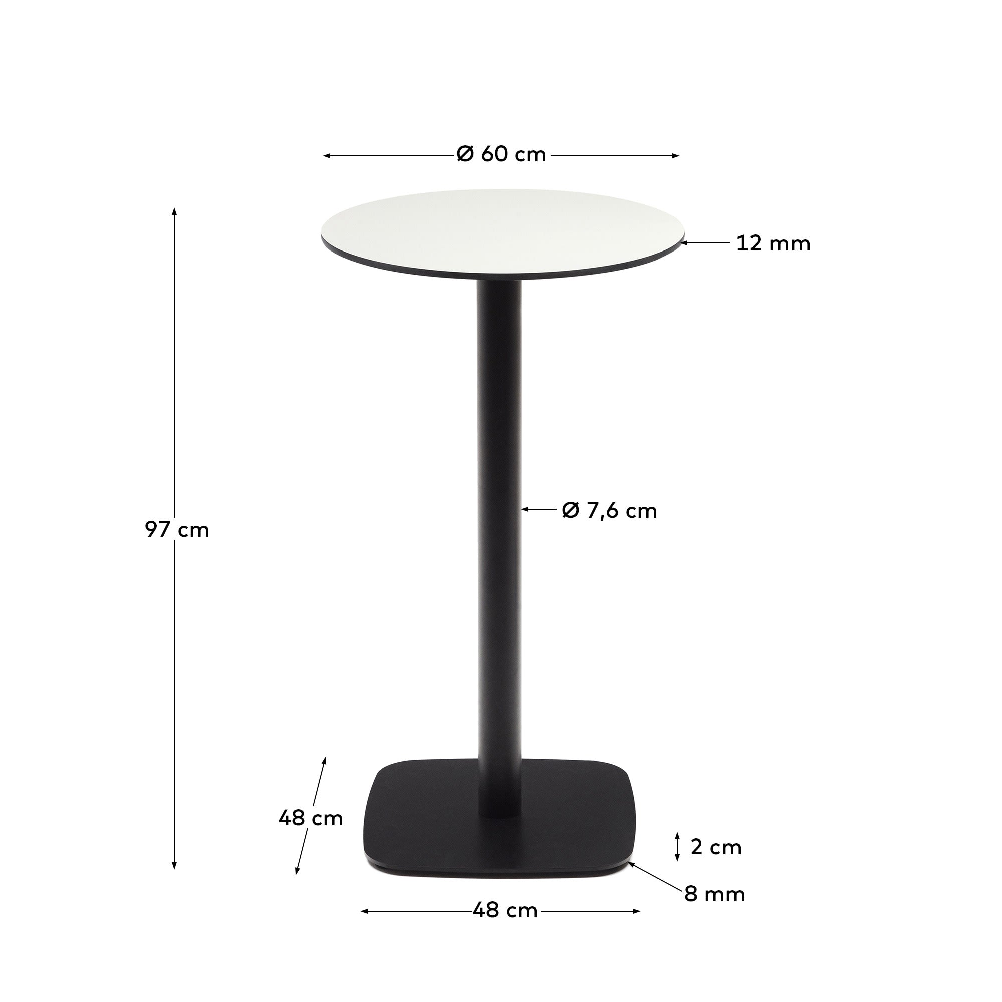 Eleganter Dina Outdoor-Tisch: runde HPL-Tischplatte (Ø60 cm, Höhe 96 cm) mit stabilen Metallbeinen, perfekt für stilvolle Gartenmomente.