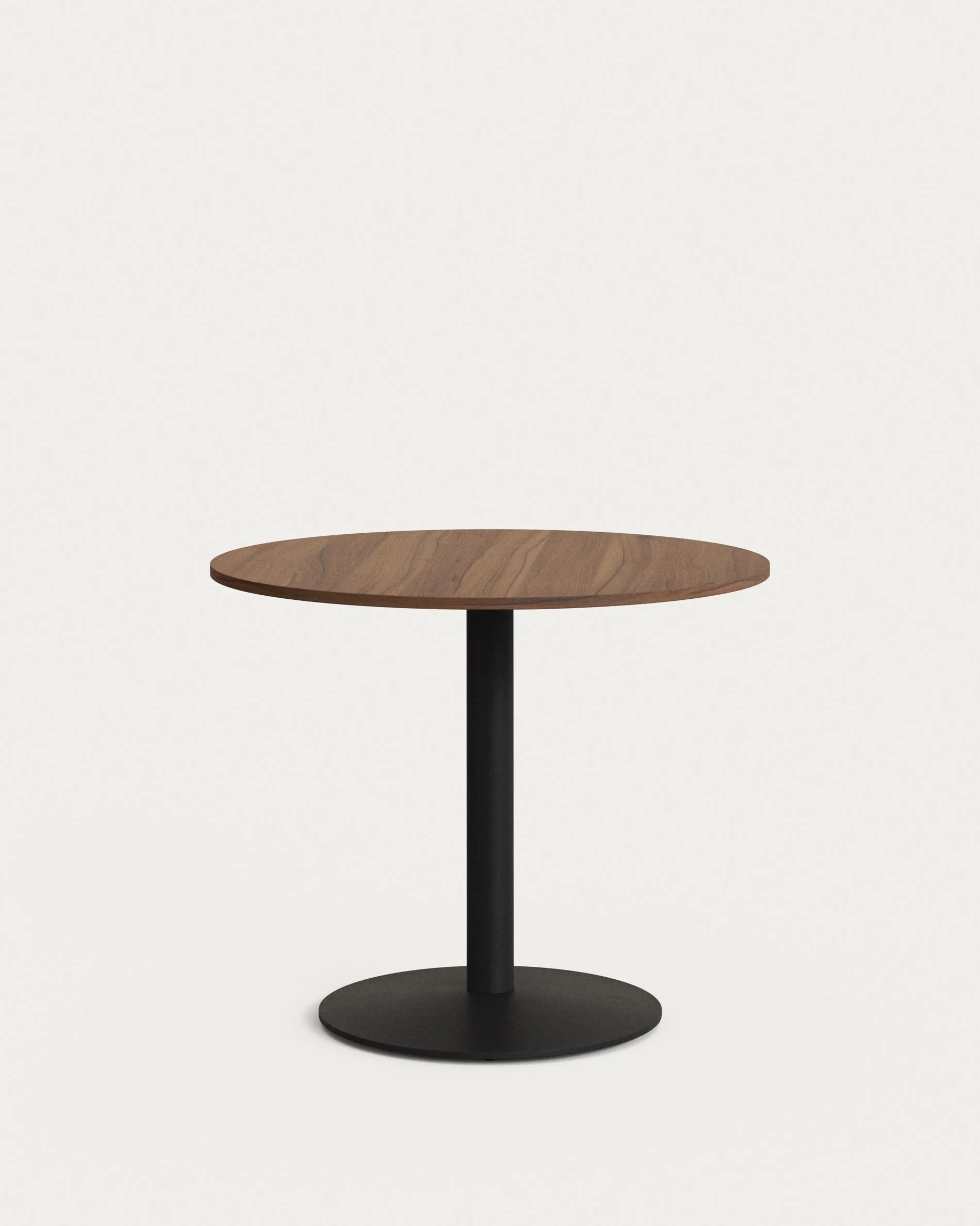 Runder Tisch Esilda, Ø90x70cm, Nussbaum Melamin, schwarze Metallbeine, stilvolles Design, ideal für Esszimmer oder Küche.