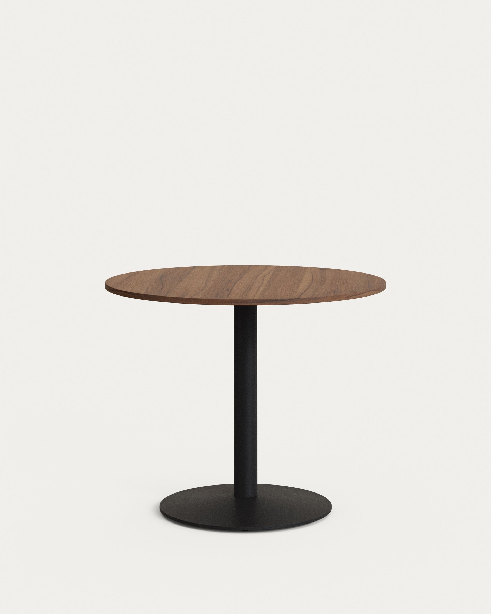 Runder Tisch Esilda, Ø90x70cm, Nussbaum Melamin, schwarze Metallbeine, stilvolles Design, ideal für Esszimmer oder Küche.