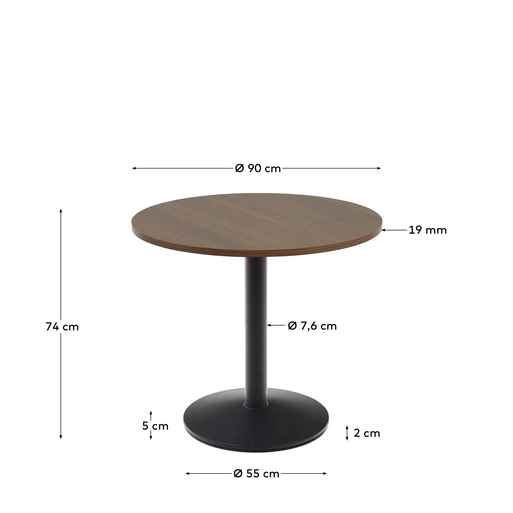 Eleganter runder Tisch Esilda, Ø90x70cm, mit Nussbaum-Melamin-Oberfläche und schwarzen Metallbeinen, perfekt für moderne Räume.