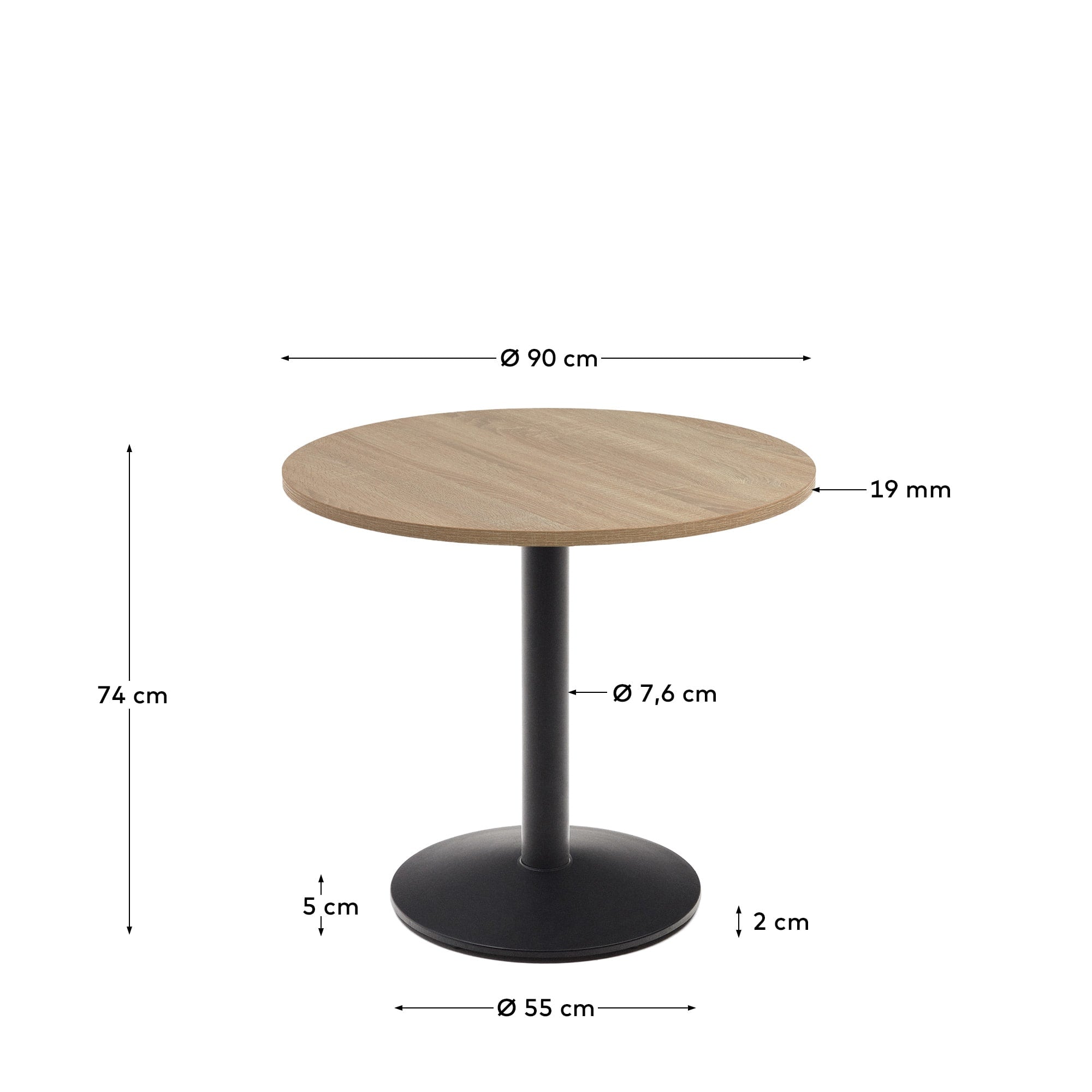 Runder Esilda Tisch Ø90x70cm, naturfarbene Melaminplatte, schwarze Metallbeine, stilvoll und modern von Kave Home.