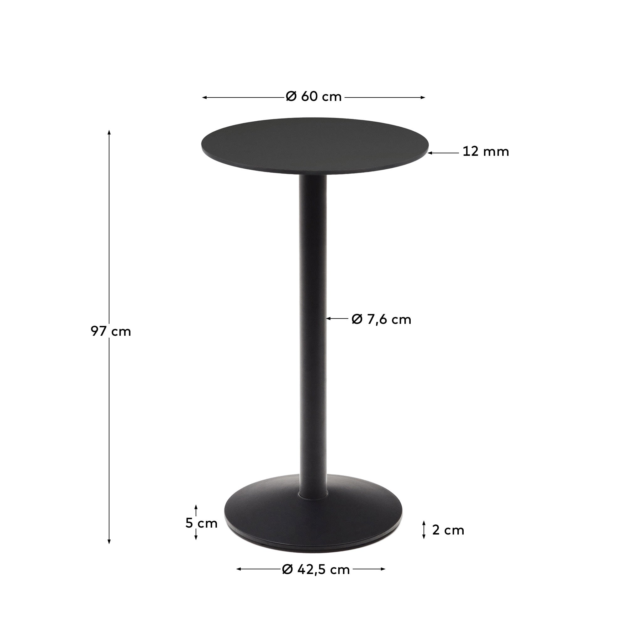 Eleganter Stehtisch Esilda, Ø 60 cm, Höhe 96 cm, mit schwarzem Metallbein, perfekt für moderne und praktische Raumgestaltung.