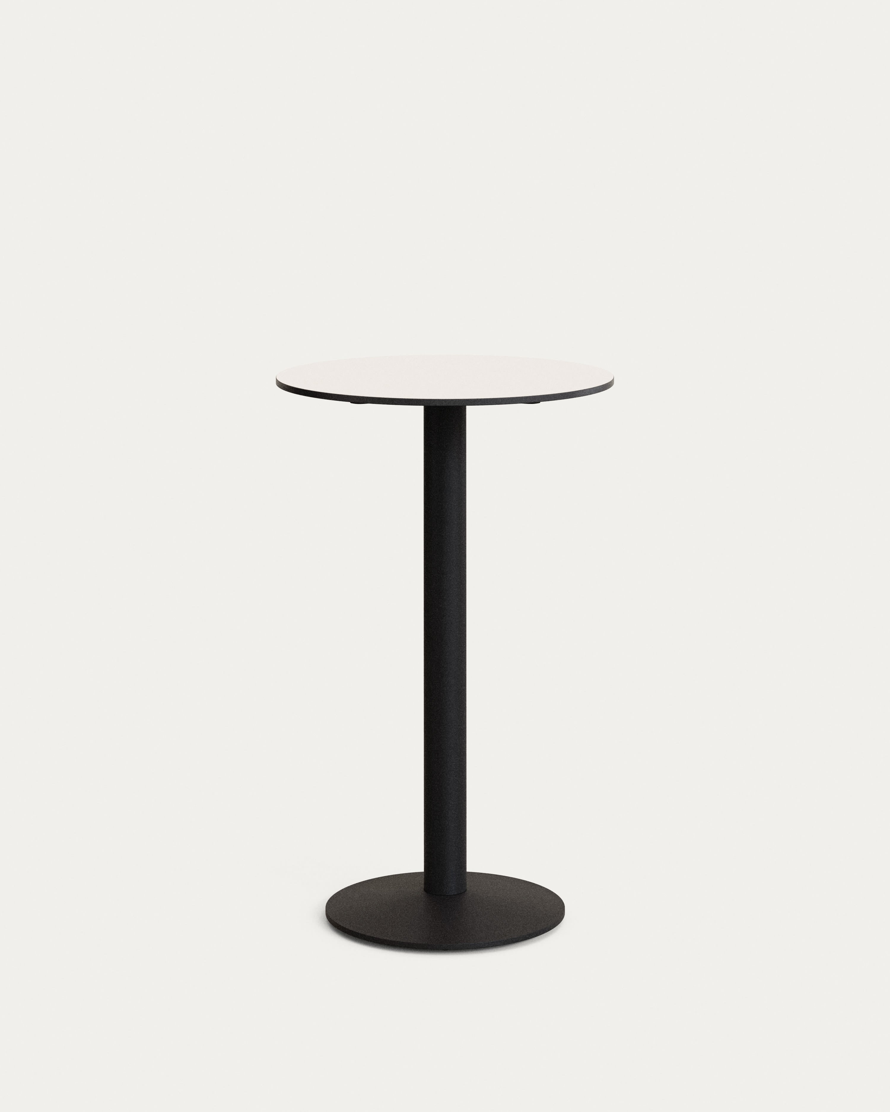 Eleganter Esilda Stehtisch: Weiß, Ø 60 cm, H 96 cm, HPL-Platte, schwarz lackiertes Metallbein, ideal für Außenbereiche.
