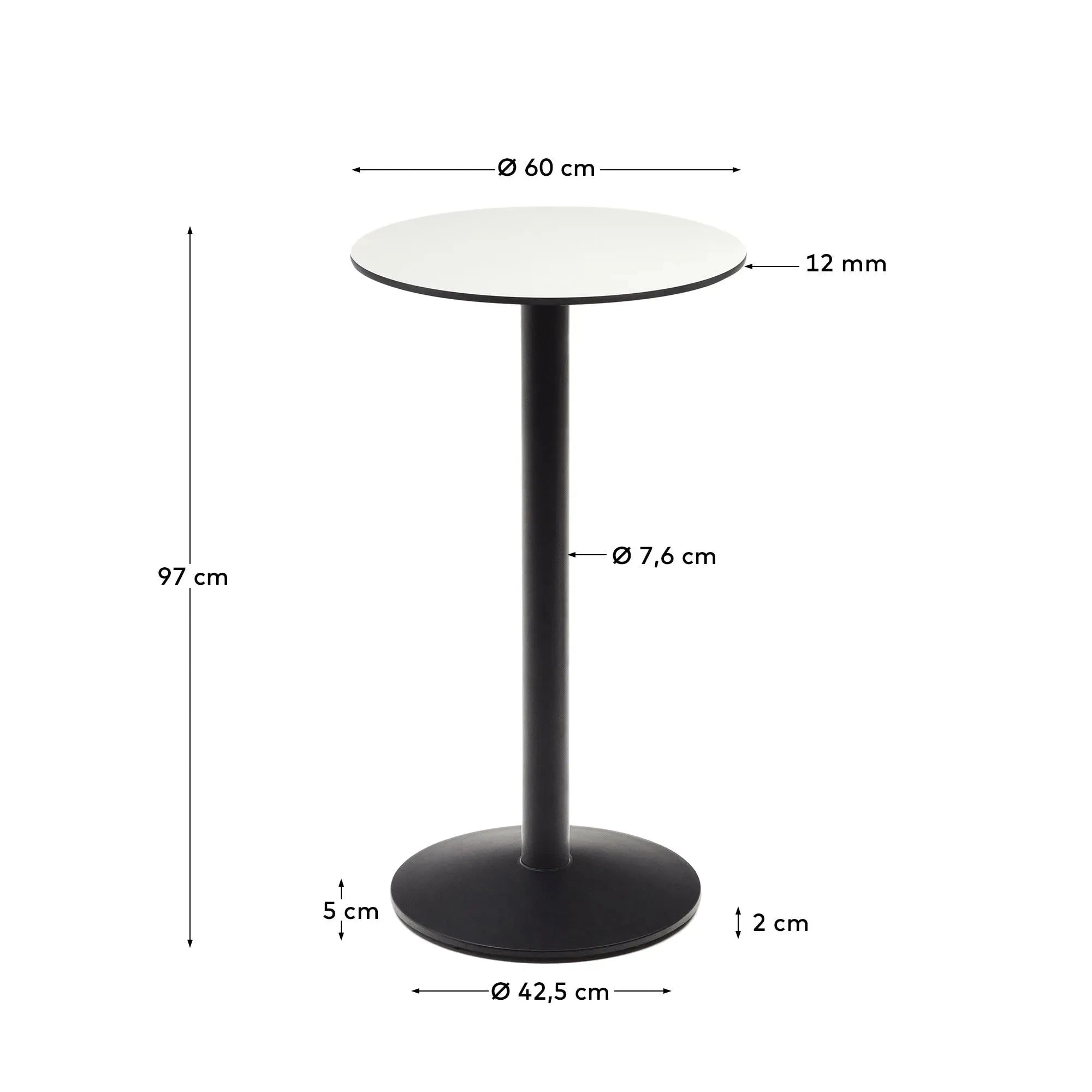 Moderner Esilda Stehtisch mit weißer runder Platte und schwarzem Metallbein, Ø 60 cm, Höhe 96 cm, ideal für stilvolle Räume.