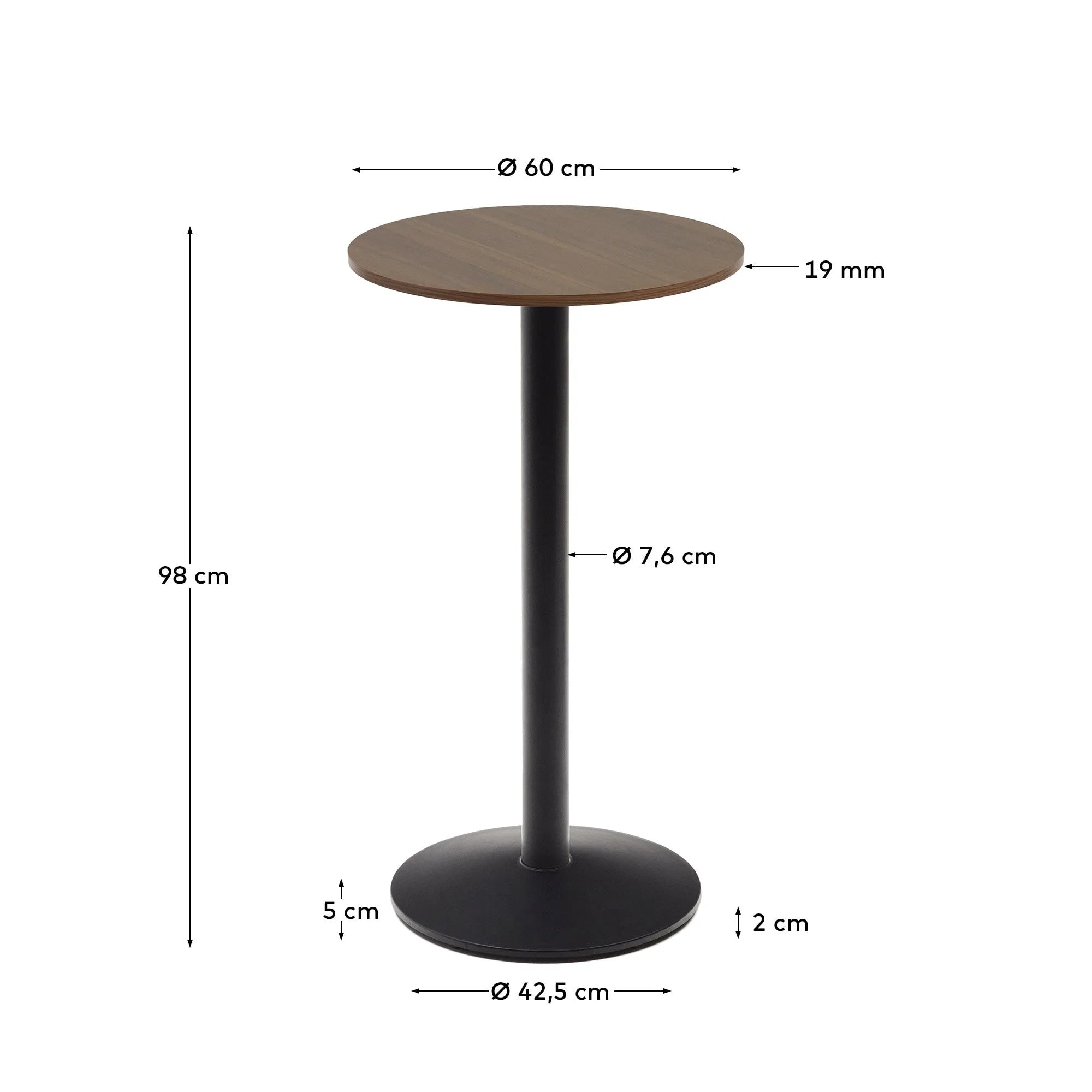 Moderner runder Stehtisch mit nussbaumfarbener Melaminplatte und schwarzem Metallgestell, perfekt für stilvolle Einrichtungen, Ø60x96cm.