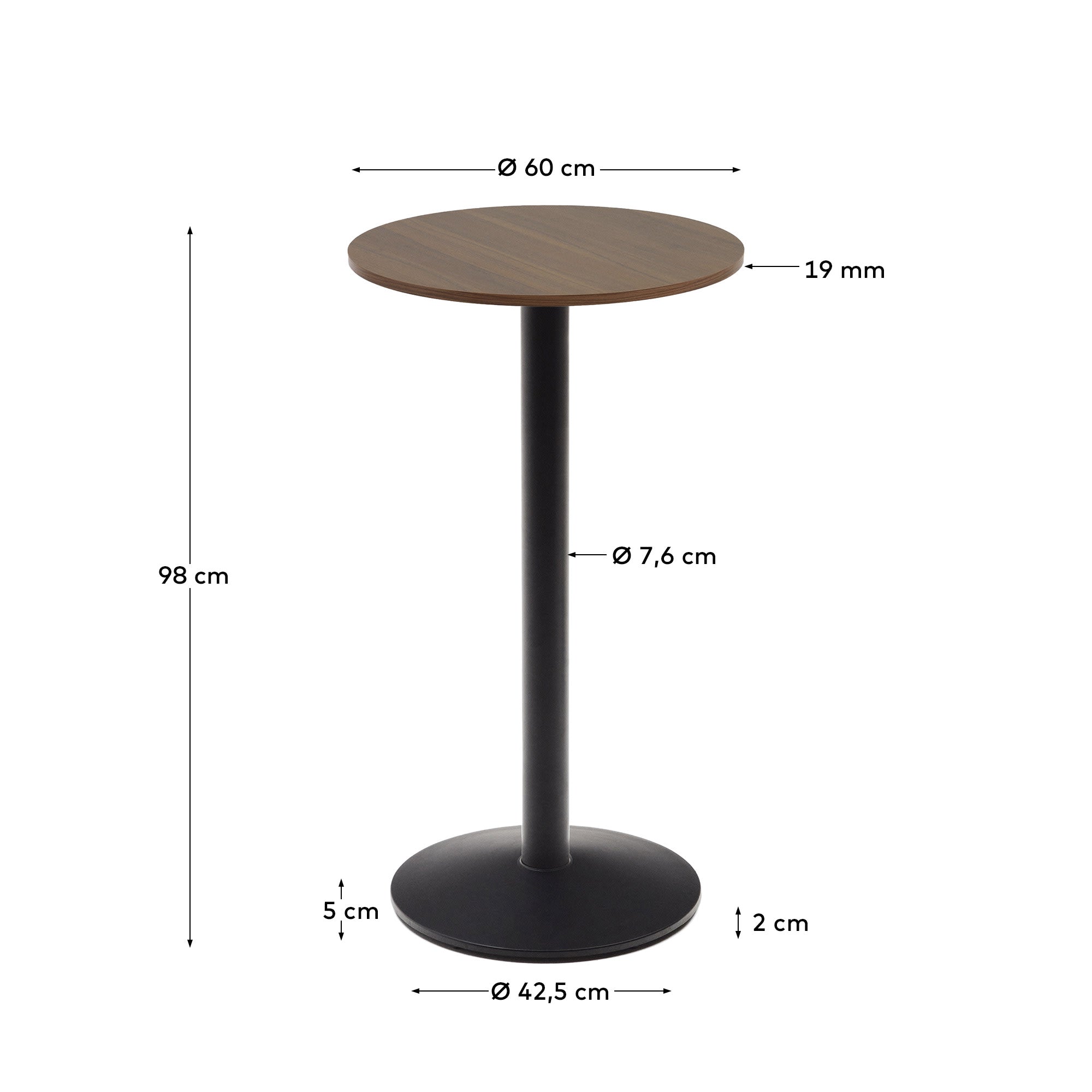 Moderner runder Stehtisch mit nussbaumfarbener Melaminplatte und schwarzem Metallgestell, perfekt für stilvolle Einrichtungen, Ø60x96cm.