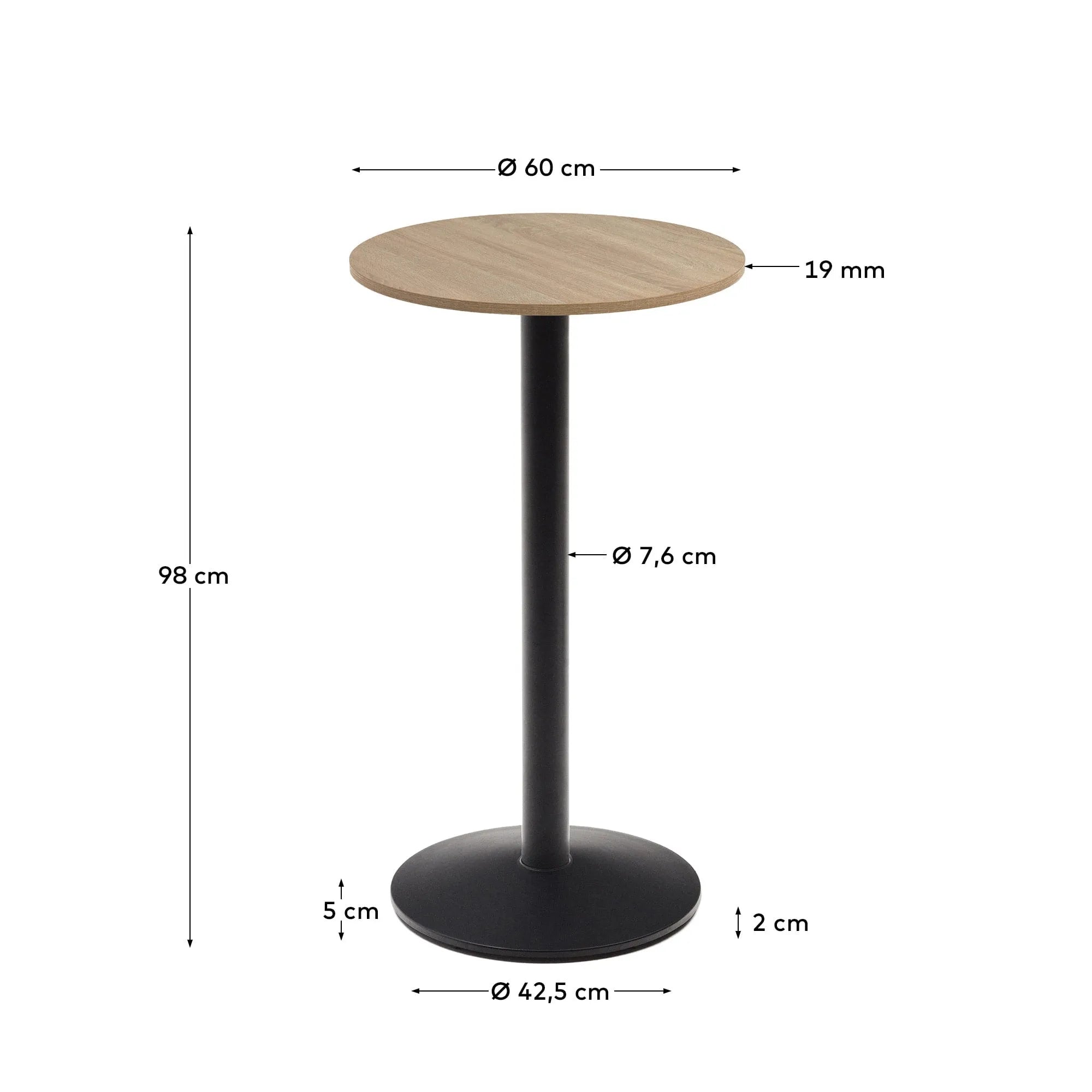 Eleganter Stehtisch mit runder Melaminplatte in Naturfarben und schwarzem Metallbein, perfekt für moderne Räume, Ø60x96cm.