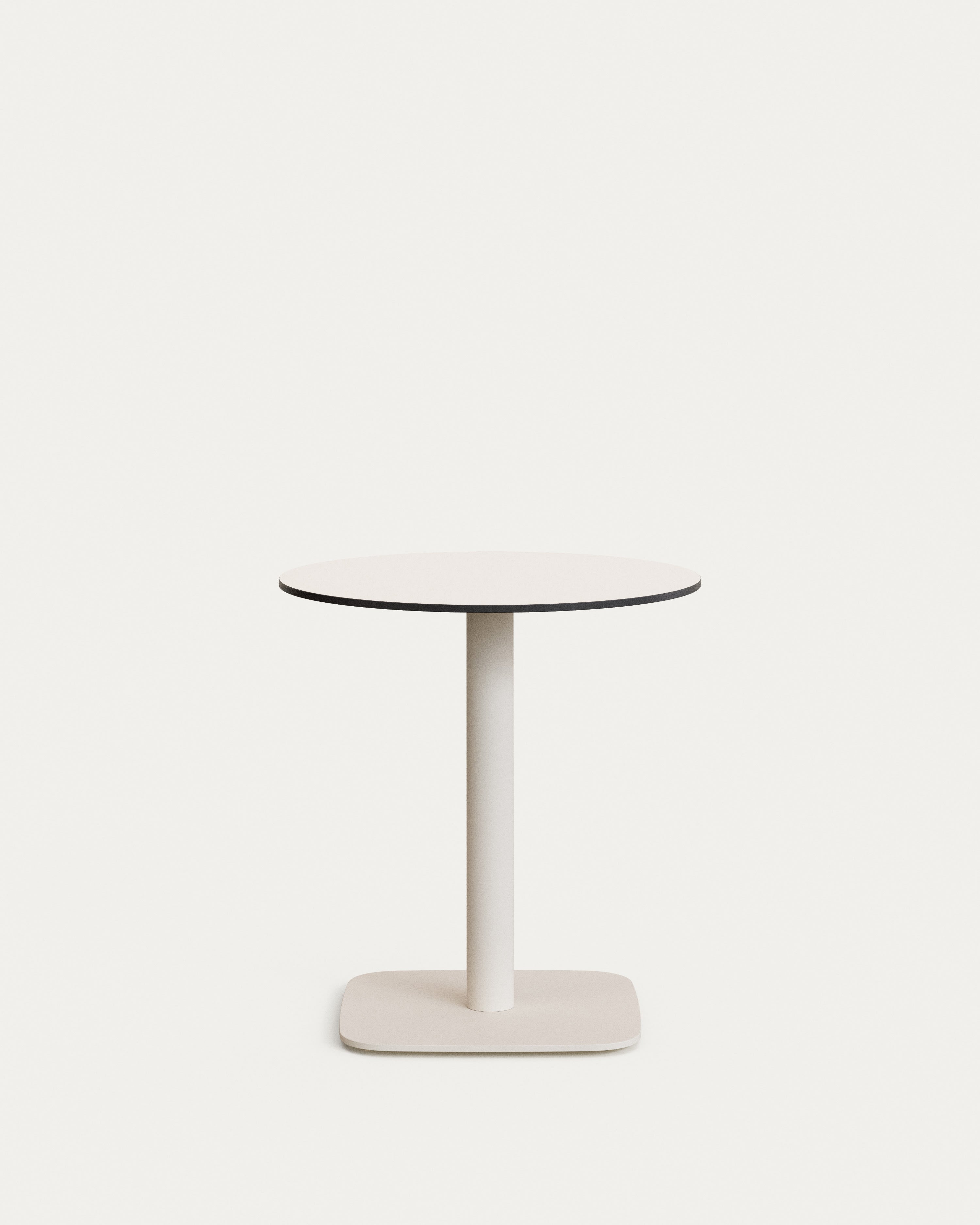 Runder Outdoor-Tisch Dina, Ø 68x70cm, weiss, HPL-Tischplatte, Metallbein, wetterfest, modern, Kave Home, Gartenmöbel.