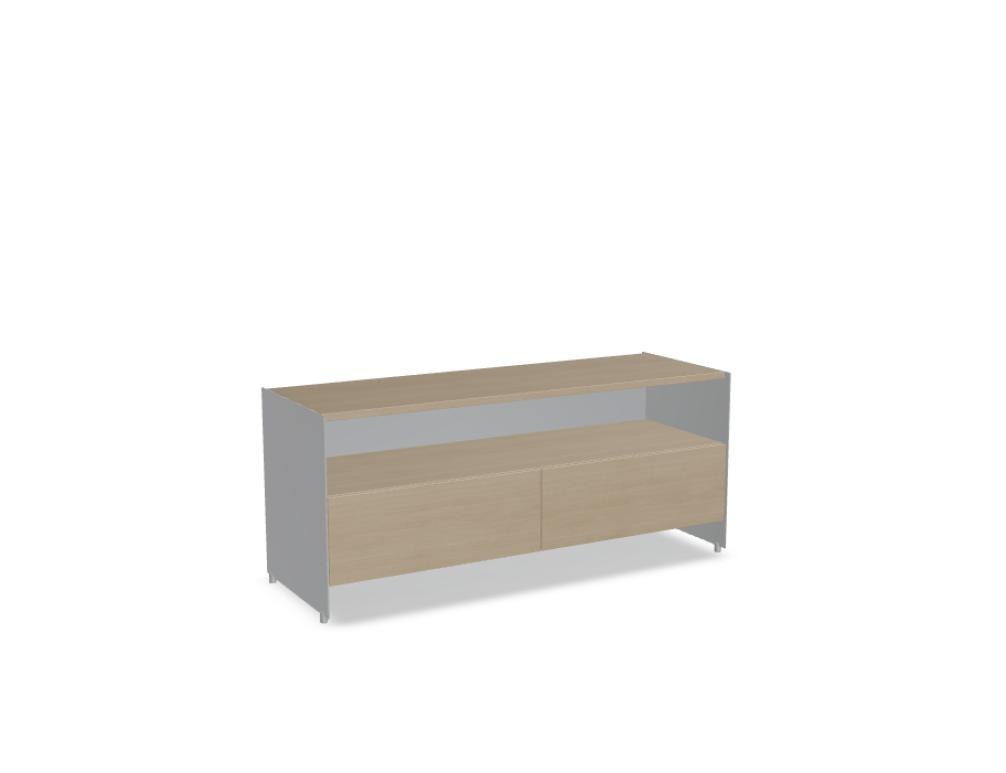 Büroschrank Aloox von Tamo in Eiche Natur mit Massivholzfront, Aluminium-Korpus und Aluminiumfüssen, freistehend oder hängend montierbar.
