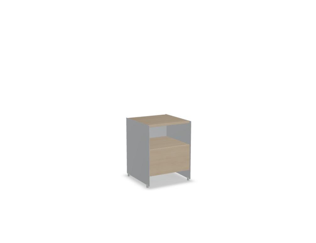 Büroschrank Aloox von Tamo in Eiche Natur mit Massivholzfront, Aluminium-Korpus und Aluminiumfüssen, freistehend oder hängend montierbar.