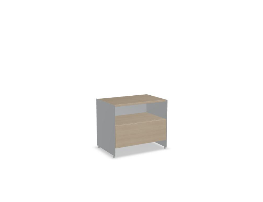 Büroschrank Aloox von Tamo in Eiche Natur mit Massivholzfront, Aluminium-Korpus und Aluminiumfüssen, freistehend oder hängend montierbar.