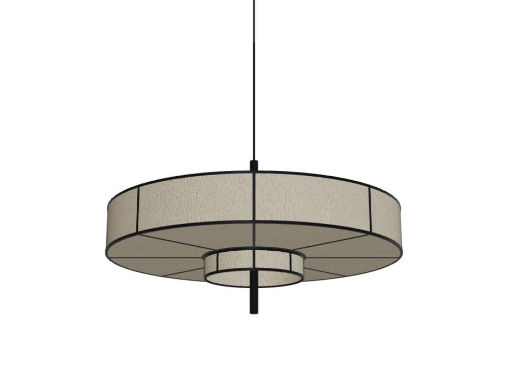 Hängelampe Aura von Tamo mit Lampenschirm aus Stoff und schwarzem Band, Rahmen aus Metalldraht, rhythmische zylindrische Form.