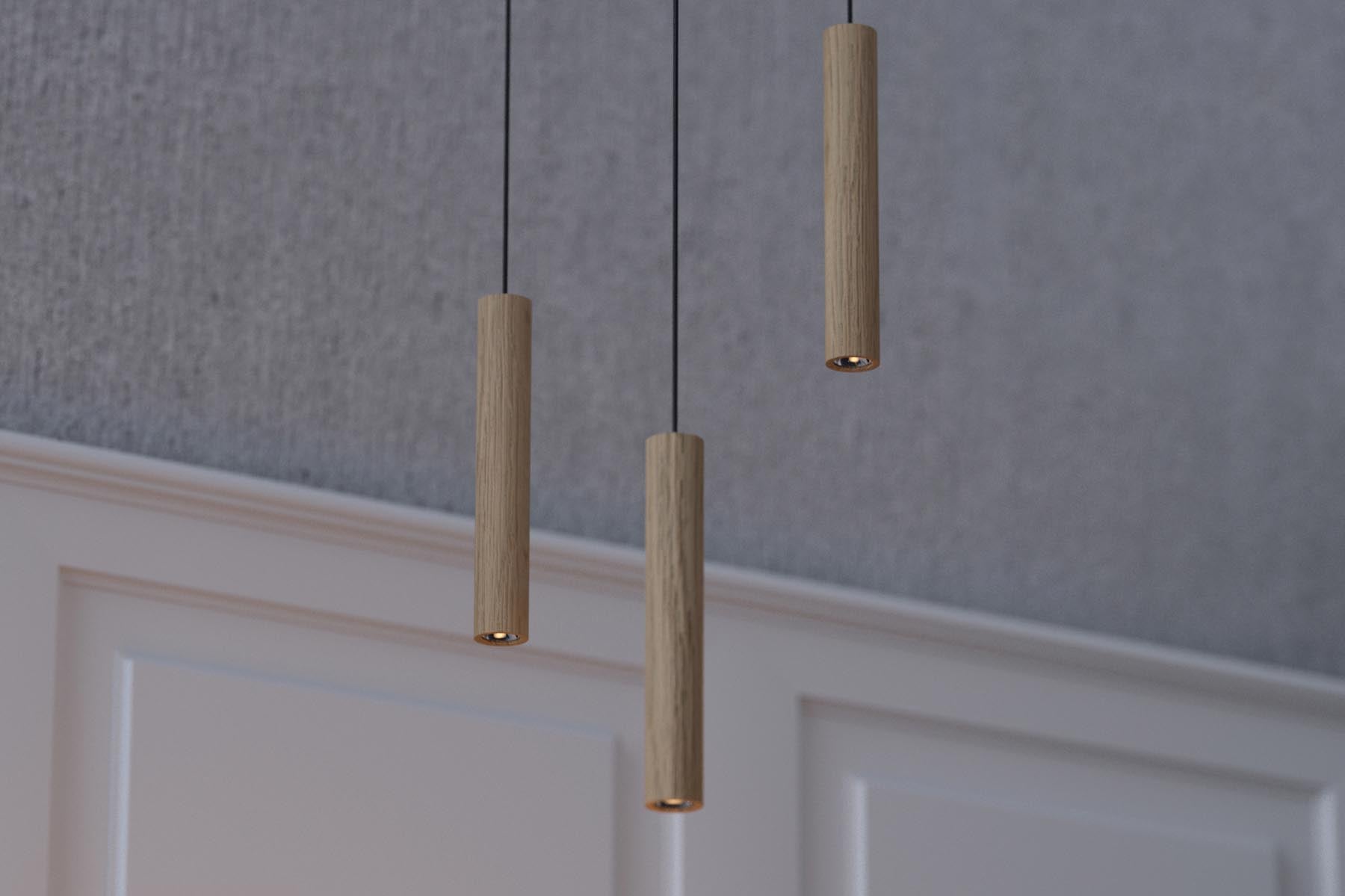 Elegante Chimes Pendellampe aus Eichenholz, die mit ihrem minimalistischen Design und warmem Licht jeden Raum aufwertet.